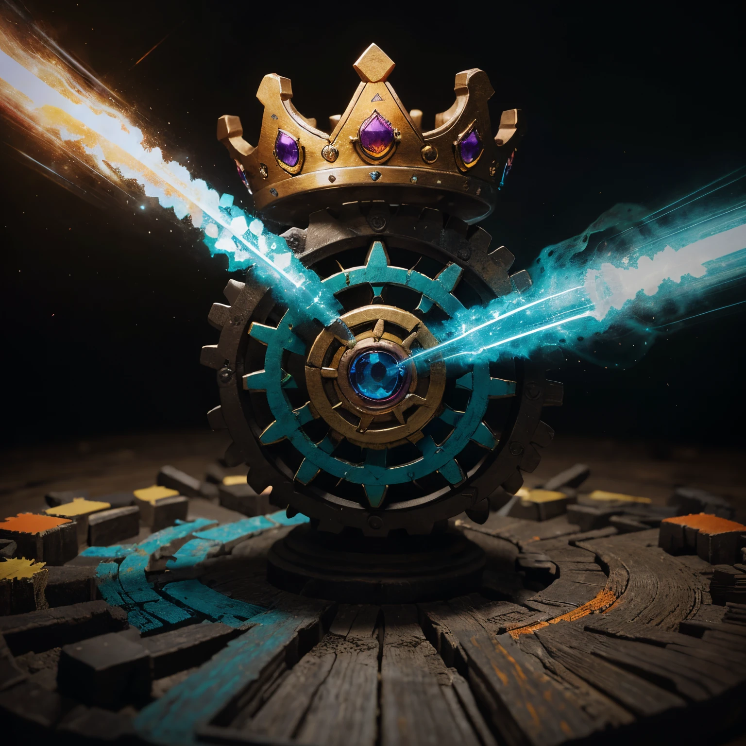 Gears are ancient relics with unique powers in the world of Atheriel. The End Gear is the most powerful of them all, it’s a crown consisting of seven shards of power of red, yellow, blue, green, purple, turquoise, and orange. The crown itself is made of a white stone with swirls around it.