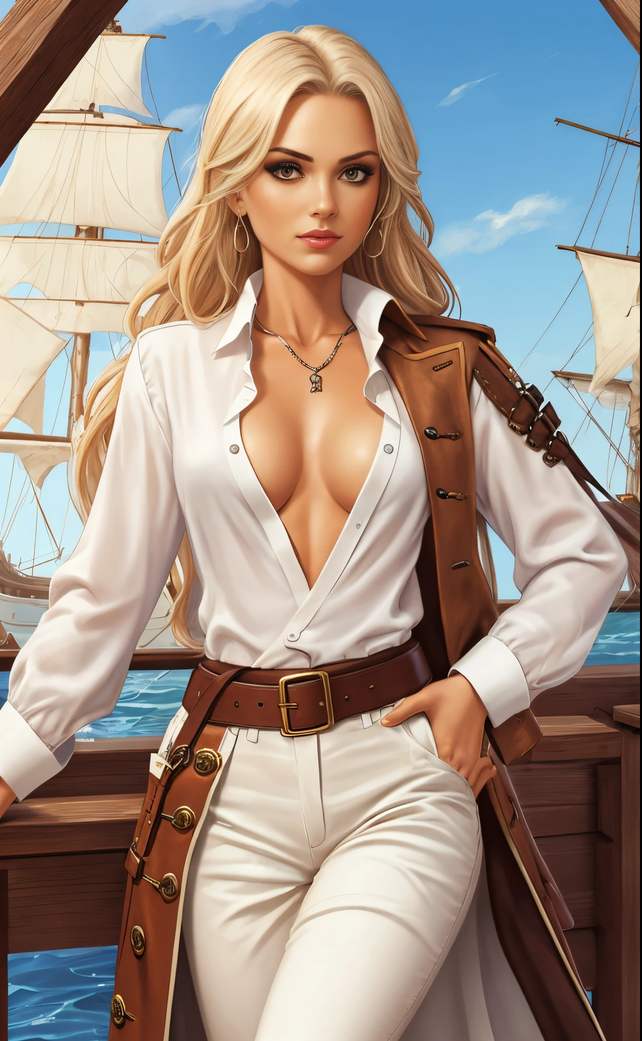 Female pirate, white silk shirt, deep v neck,