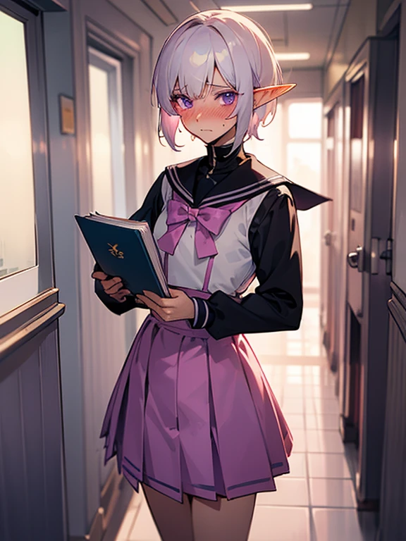 male elf, short white hair, masculine, stuck in a pink girls sailor school uniform, crossdressing, in school hallway, holding books, embarrassed, blushing, bow in hair, purple eyes