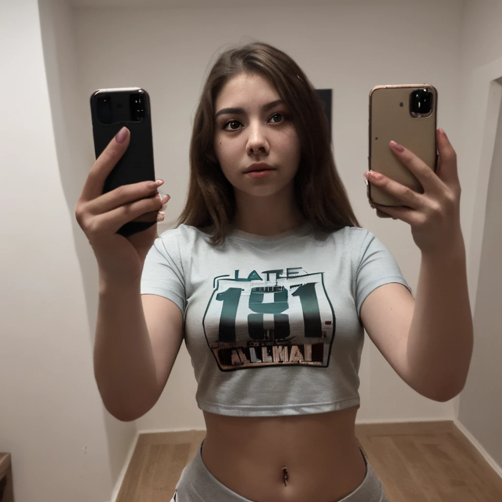 Chica, 18, parada, camiseta, cuerpo entero, (la mejor calidad), (calidad de manos), (calidad de ojos),((calidad de manos)), (Calidad de rostro), (8k), selfie, espejo,