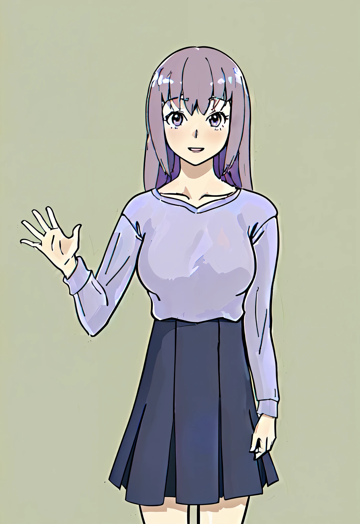 (Best Quality,4k,8K,hight resolution,Masterpiece:1.2),Ultra-detailed,(Realistic,Photorealistic,photo-realistic:1.37), Anime girl in a purple sweater and blue skirt, an anime girl, Random Pose, in anime style, as an anime character, the pose(Hands up + Happy), Neutral posture, 詳細な目