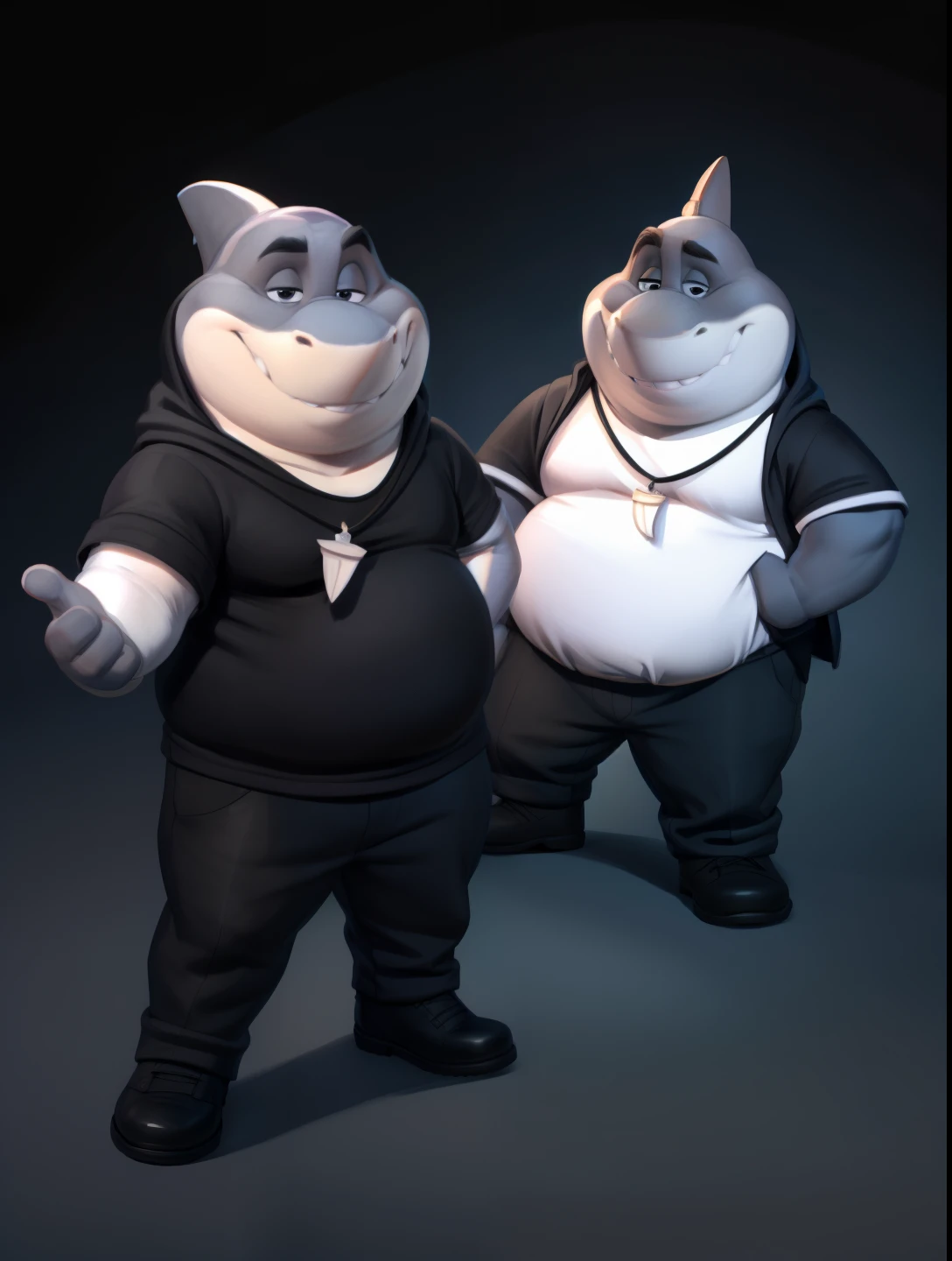 mr shark, plump, fat, belly, black eyes, (pose:1.3), (posing:1.3), (soft shading), 4k, hi res, five fingers, detailed hands, ((detailed face, (detailed eyes:1.0), detailed)), (full body), by zackarry911, by zaush, (by personalami:0.5),  looking at viewer, shirt, 1boy, black hooded sweater, hood down showing face, black pants, dark blue shoes, male focus, pants, black shirt, dog tags, gray sport pants, giant head, huge head, big head