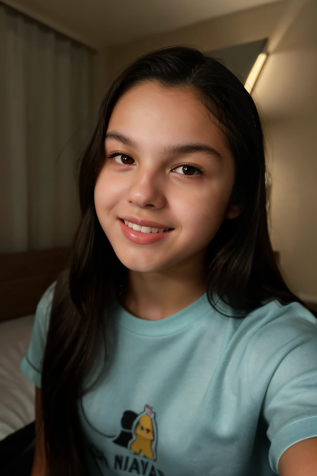 Noisy cellphone camera in very dark room, selfie of yo Olivia Rodrigo with (acne) dressed in pyjamas, sitting in the dark bedroom, smiling:1.0, night, one light source, extremely detailed skin, skin acne, extremely detailed eyes and hair, film grain