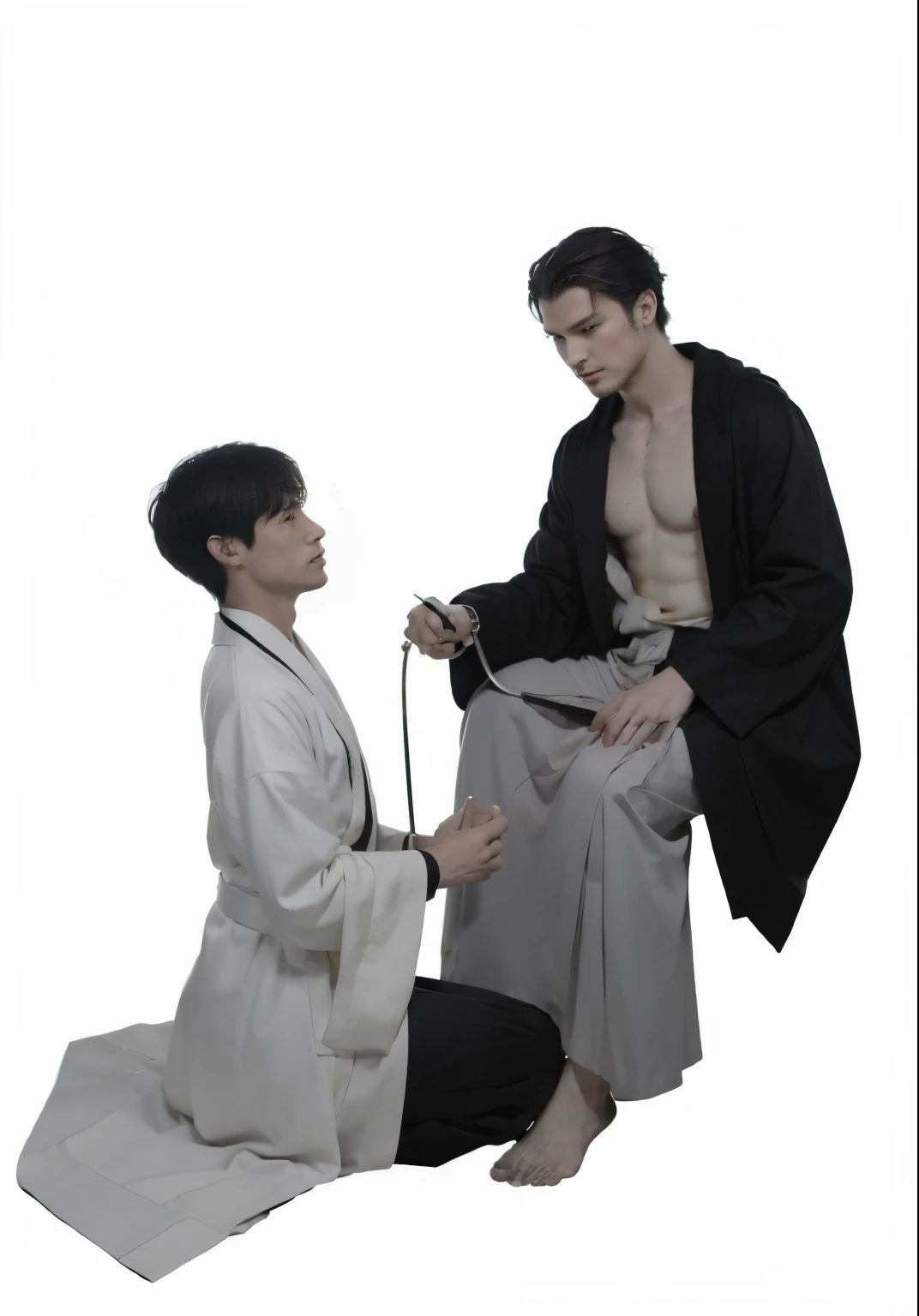 There was a man on his knees along with a man holding a cane., Black-white coat!, official illustration, Edmund Blair and Charlie Bowater, Goro and Kunkle, by Yang J, Wear a simple robe., Hidari and Vlop, in a robe, by jeonseok lee, official fan art, inspired by Itō Ogura Yonesuke