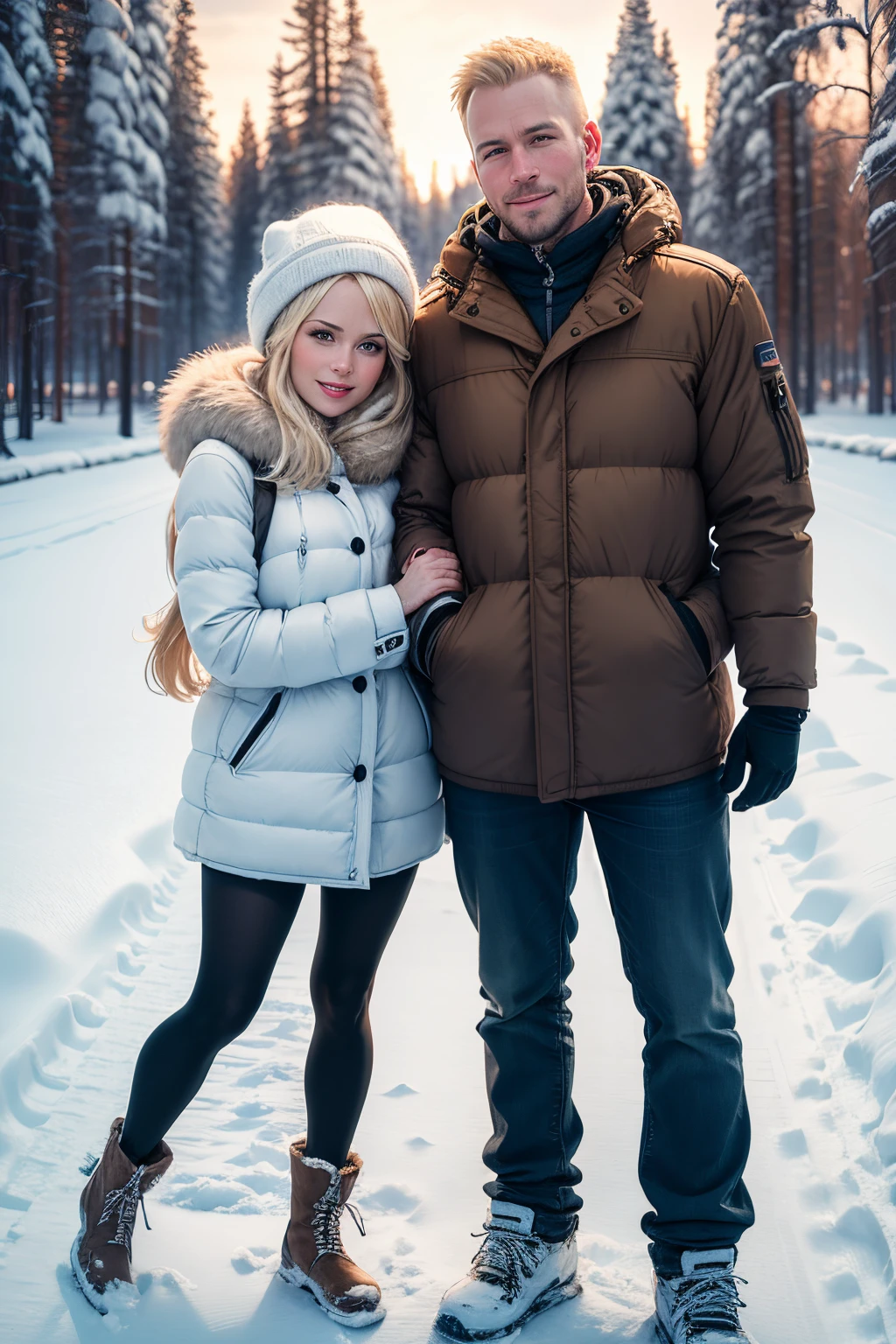 2 people, 1 man and 1 woman, married couple, blonde, friendly, pretty face, 30 years old, winter, Finland, northern Europe