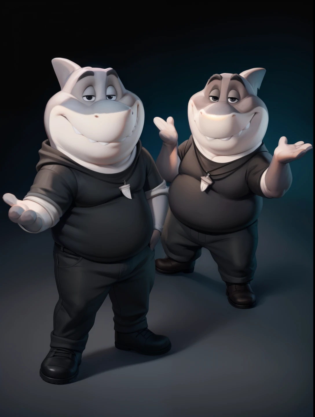 mr shark, plump, fat, belly, black eyes, (pose:1.3), (posing:1.3), (soft shading), 4k, hi res, five fingers, detailed hands, ((detailed face, (detailed eyes:1.0), detailed)), (full body), by zackarry911, by zaush, (by personalami:0.5), looking at viewer, shirt, 1boy, black hooded sweater, hood down showing face, black pants, dark blue shoes, male focus, pants, black shirt, dog tags, gray pants, giant head, huge head, big head