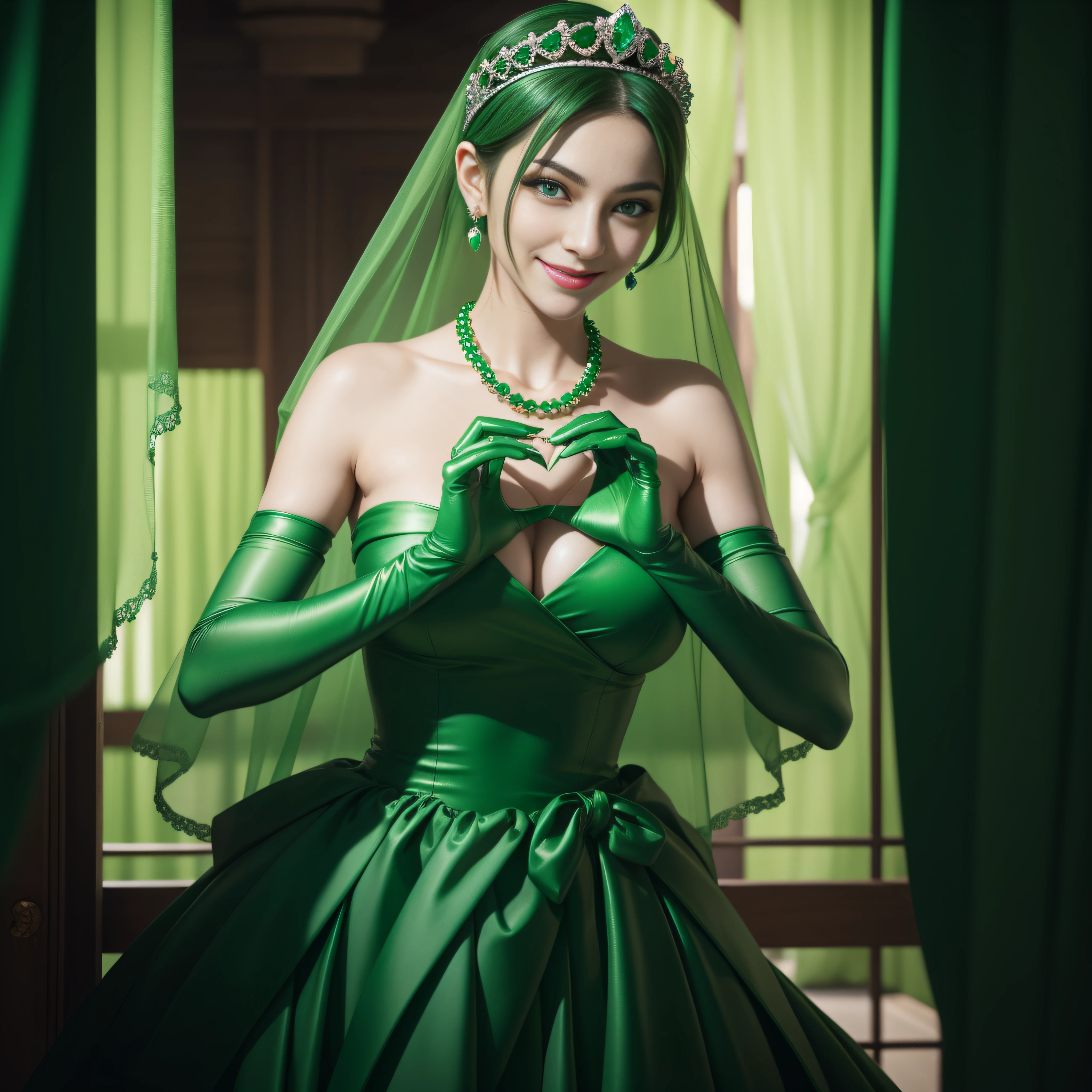 emerald tiara, Green Pearl Necklace, Boyish very short green hair, lipsticks, Japan woman smiling, very short short hair,  big breasts beautiful, Green eyes, Long green gloves made of satin material, Green eyes, Emerald Earrings, green vale, Heart with both hands