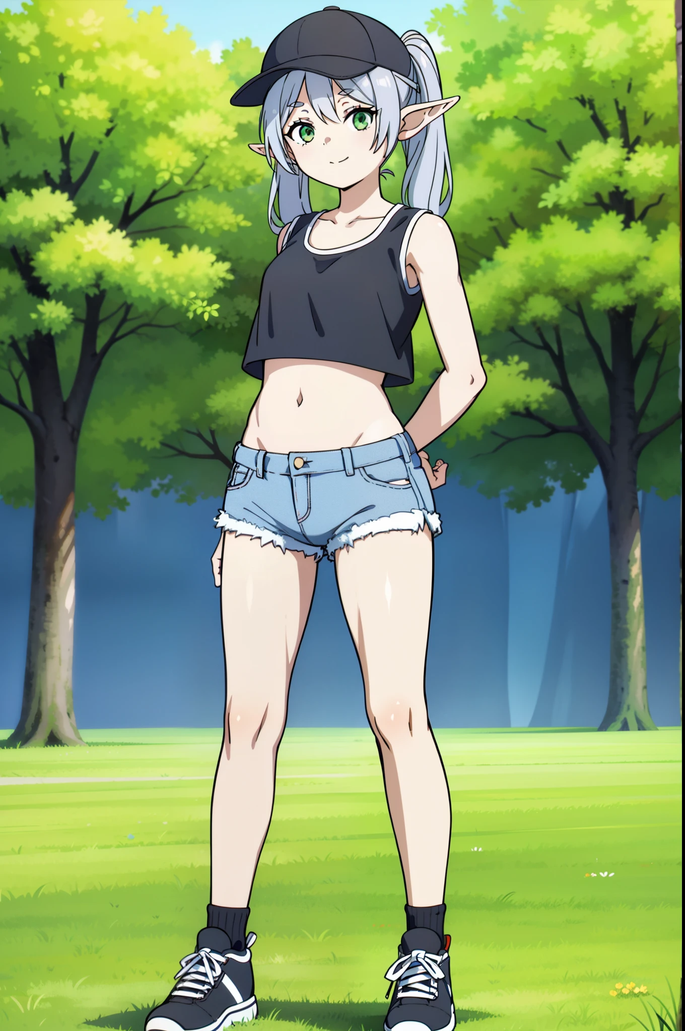 Persephone II, ((adult 19years)), pale skin, red eyes, white hair, small breasts, detailed body, detailed face, detailed eyes, glistering body, shiny body, skinny, sassy face, smilling, gorgeous body, masterpiece, high quality, anime style, flip flops, beach, clear sky, standing, full body,