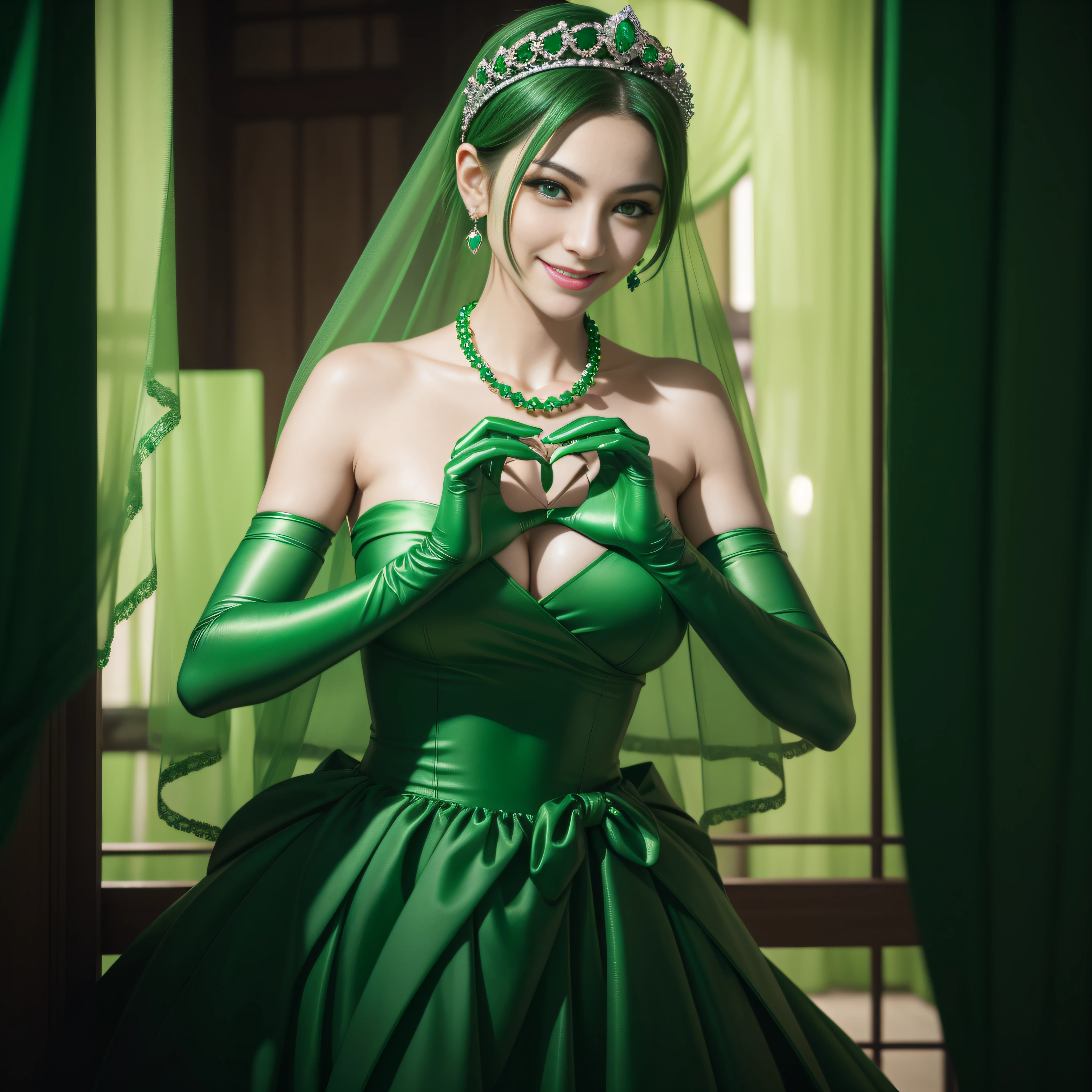 emerald tiara, Green Pearl Necklace, Boyish very short green hair, lipsticks, Japan woman smiling, very short short hair, big breasts beautiful, Green eyes, Long green gloves made of satin material, Green eyes, Emerald Earrings, green vale, Heart with both hands