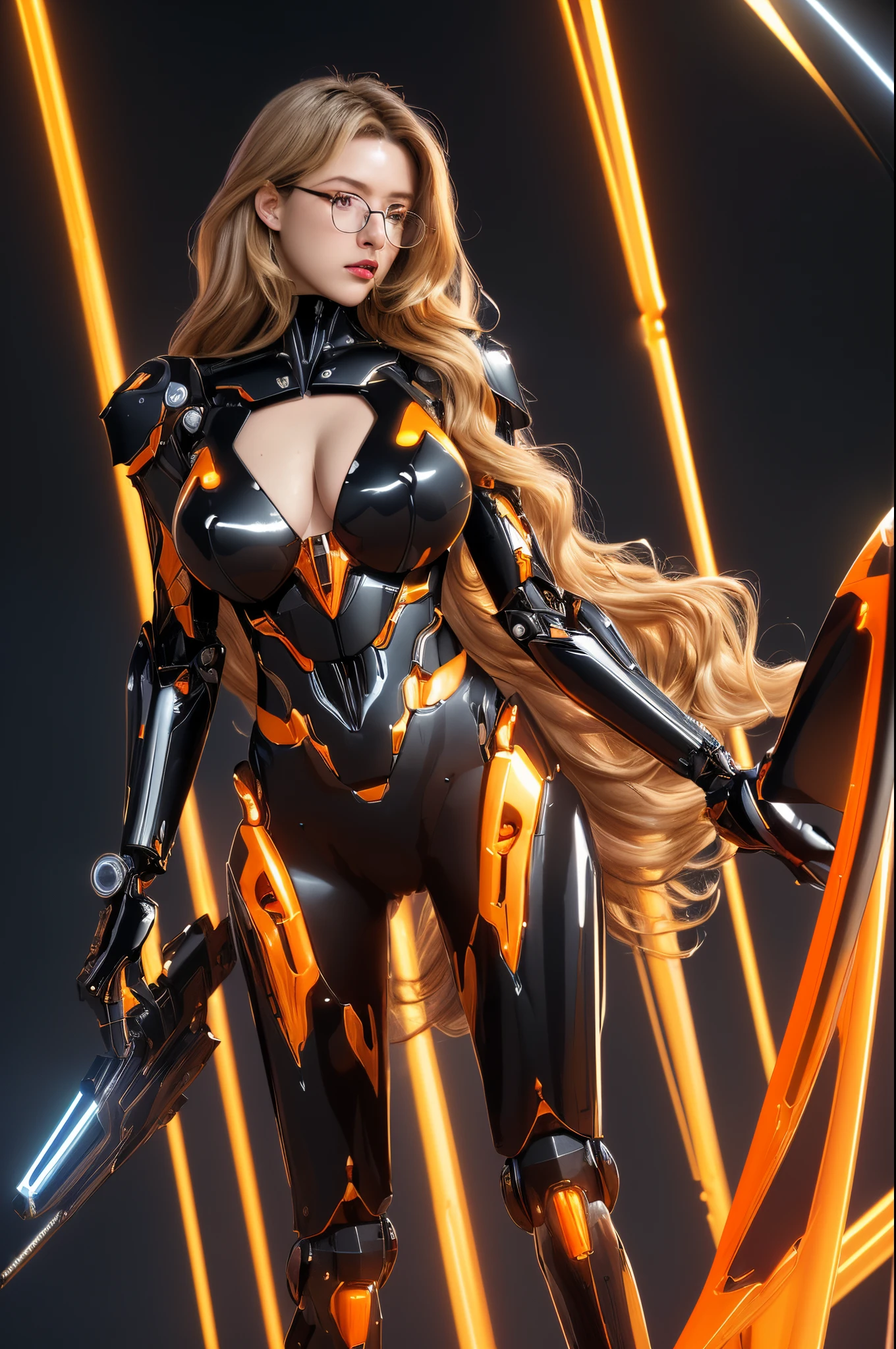 masterpiece, best quality, best quality, Amazing, beautiful detailed eyes, extremely detailed CG unity 8k wallpaper, dark themes 1girl, wearing black leather bikini, medium breast, medium natural breast, dropping breast, natural saggy breast, big hip, (long blond wavy hair in the air:1.34), (perfert long legs:1.35), (glasses:1.35), (more machanical detial:1.36), (leon light translucent from join, Ultra-shiny black and orange colored titanium cyborg body covering the body, mecha musume, cowboy shot,weapon, Ultra-shiny ultra-hard Transformers cyborg body, (furture battelfield background:1.35), hourglass body shape, low angle shots,hydrotech,mechanical