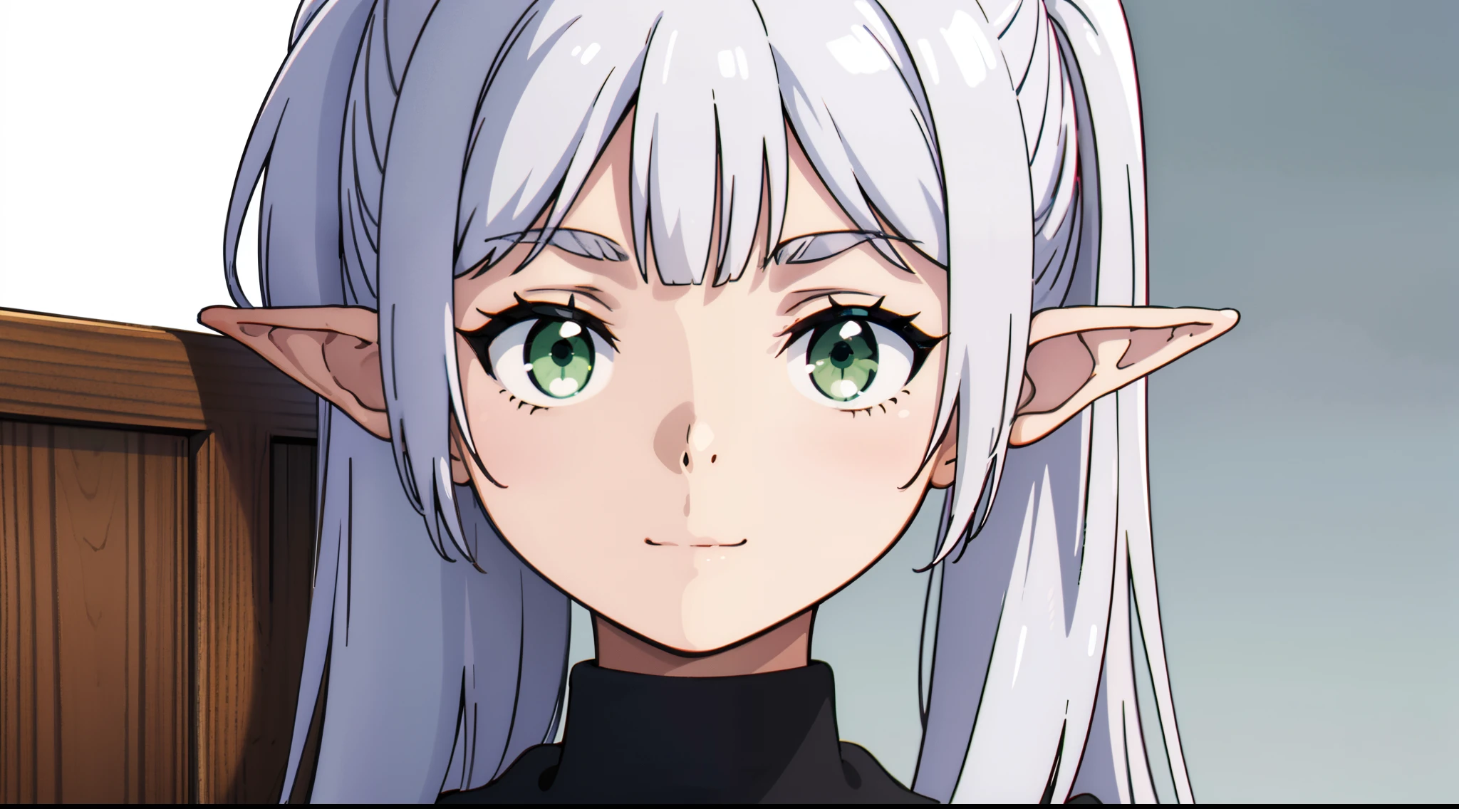 masterpiece, illustration, best quality, 8k, 1girl, solo, frieren, long hair, ponytail, (green eyes:1.2), grey hair, pointy ears, elf, serious, neutral, inexpressive, little smile, closed mouth, turtleneck dress, long sleeves, (black dress), monocolor dress, standing, looking at viewer, arms behind back, ((close-up, subject in a corner, white background, upper body, transparent background))