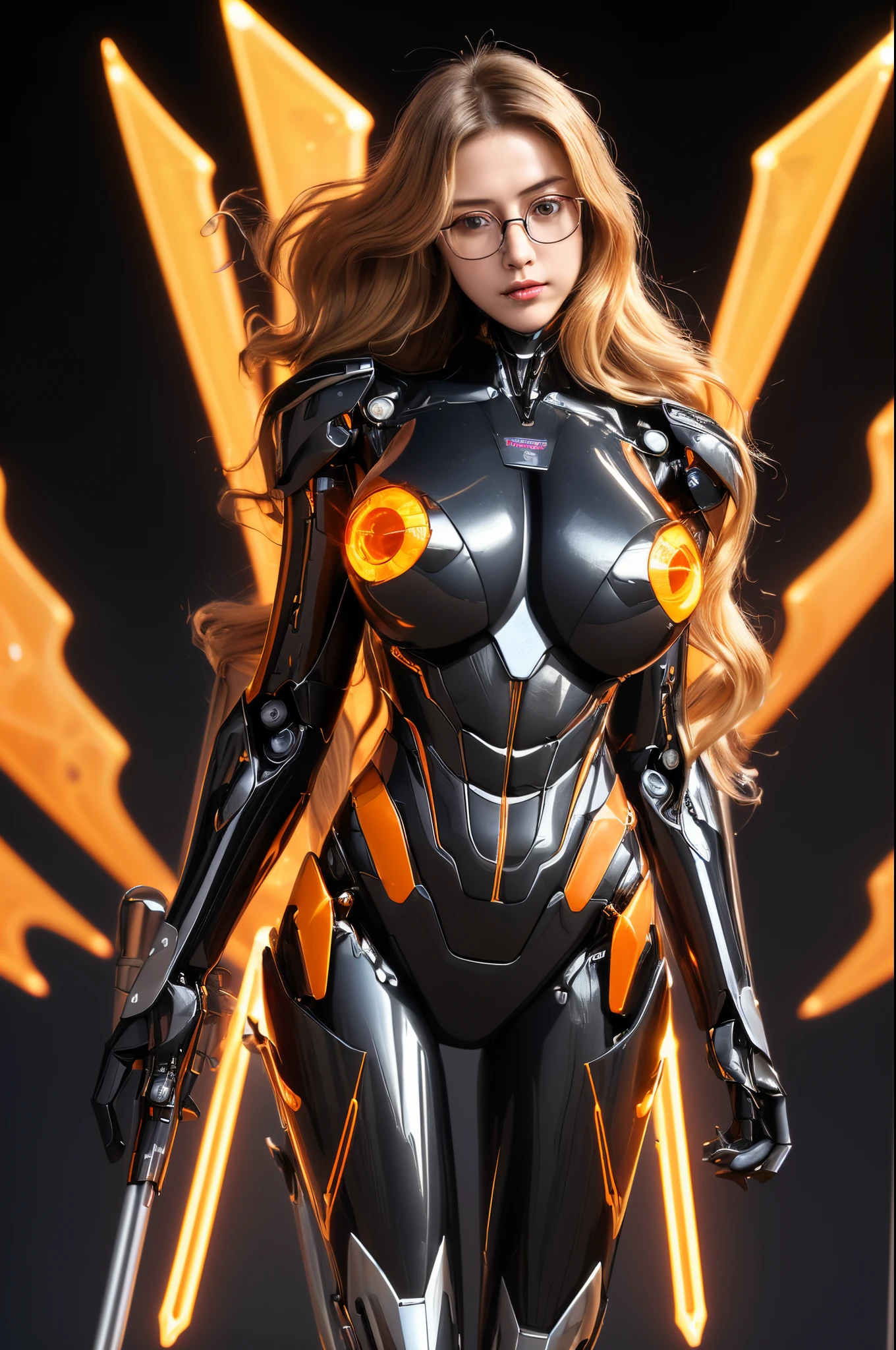 masterpiece, best quality, best quality, Amazing, beautiful detailed eyes, extremely detailed CG unity 8k wallpaper, dark themes 1girl, wearing black leather bikini, medium breast, medium natural breast, dropping breast, natural saggy breast, big hip, (long blond wavy hair in the air:1.34), (perfert long legs:1.35), (glasses:1.35), (more machanical detial:1.36), (leon light translucent from join, Ultra-shiny black and orange colored titanium cyborg body covering the body, mecha musume, cowboy shot,weapon, Ultra-shiny ultra-hard Transformers cyborg body, (furture battelfield background:1.35), hourglass body shape, low angle shots,hydrotech,mechanical