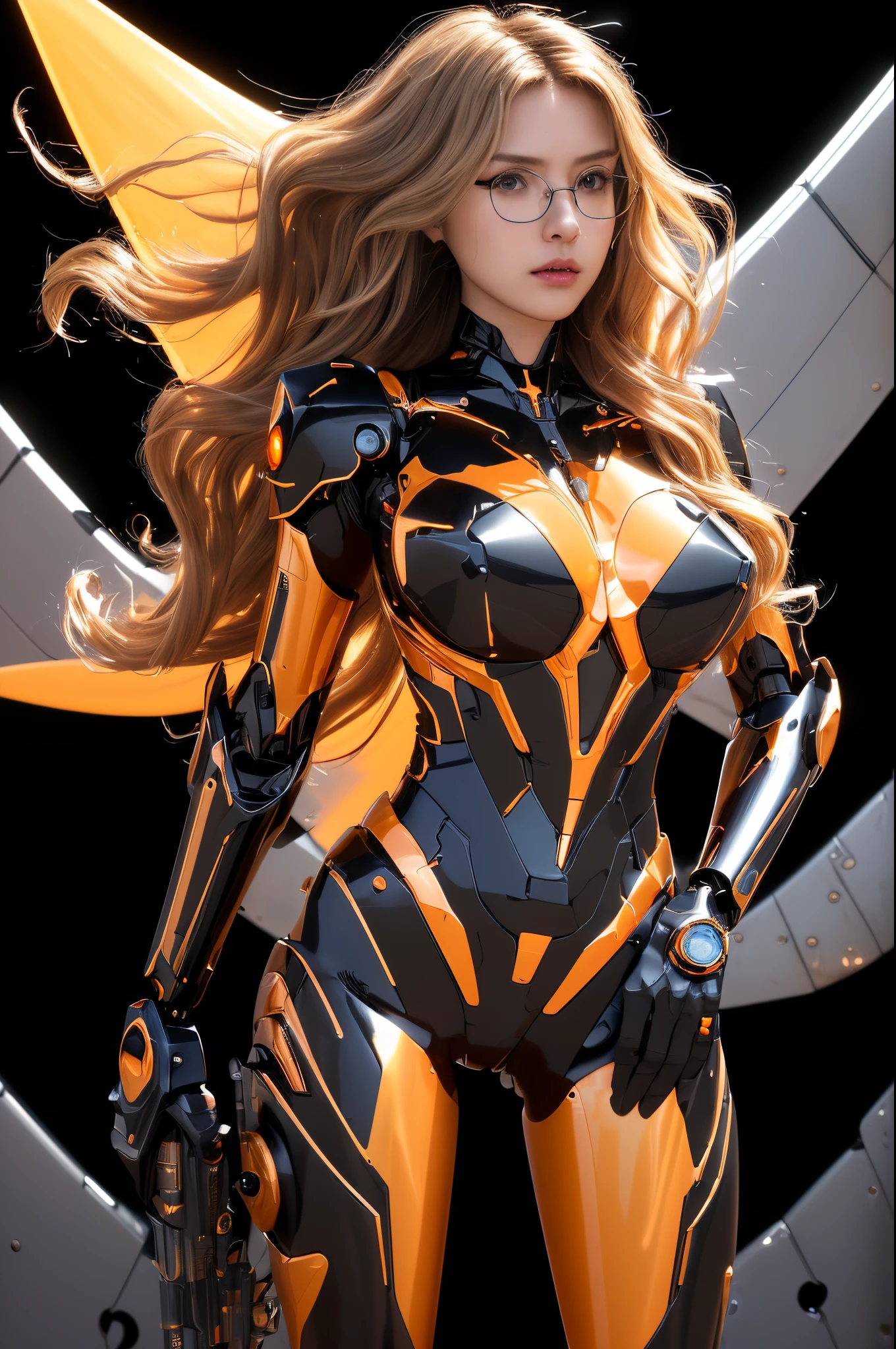 masterpiece, best quality, best quality, Amazing, beautiful detailed eyes, extremely detailed CG unity 8k wallpaper, dark themes 1girl, wearing black leather bikini, medium breast, medium natural breast, dropping breast, natural saggy breast, big hip, (long blond wavy hair in the air:1.34), (perfert long legs:1.35), (glasses:1.35), (more machanical detial:1.36), (leon light translucent from join, Ultra-shiny black and orange colored titanium cyborg body covering the body, mecha musume, cowboy shot,weapon, Ultra-shiny ultra-hard Transformers cyborg body, (furture battelfield background:1.35), hourglass body shape, low angle shots,hydrotech,mechanical