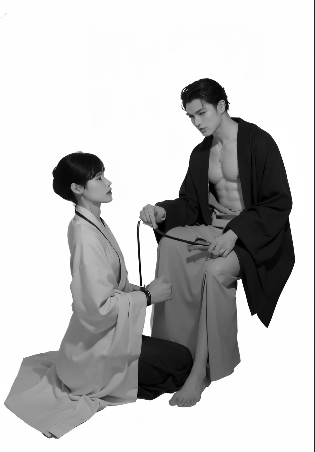 There was a woman kneeling with a man holding a cane., Black-white coat!, official illustration, Edmund Blair and Charlie Bowater, Goro and Kunkle, by Yang J, Wear a simple robe., Hidari and Vlop, in a robe, by jeonseok lee, official fan art, inspired by Itō Ogura Yonesuke
