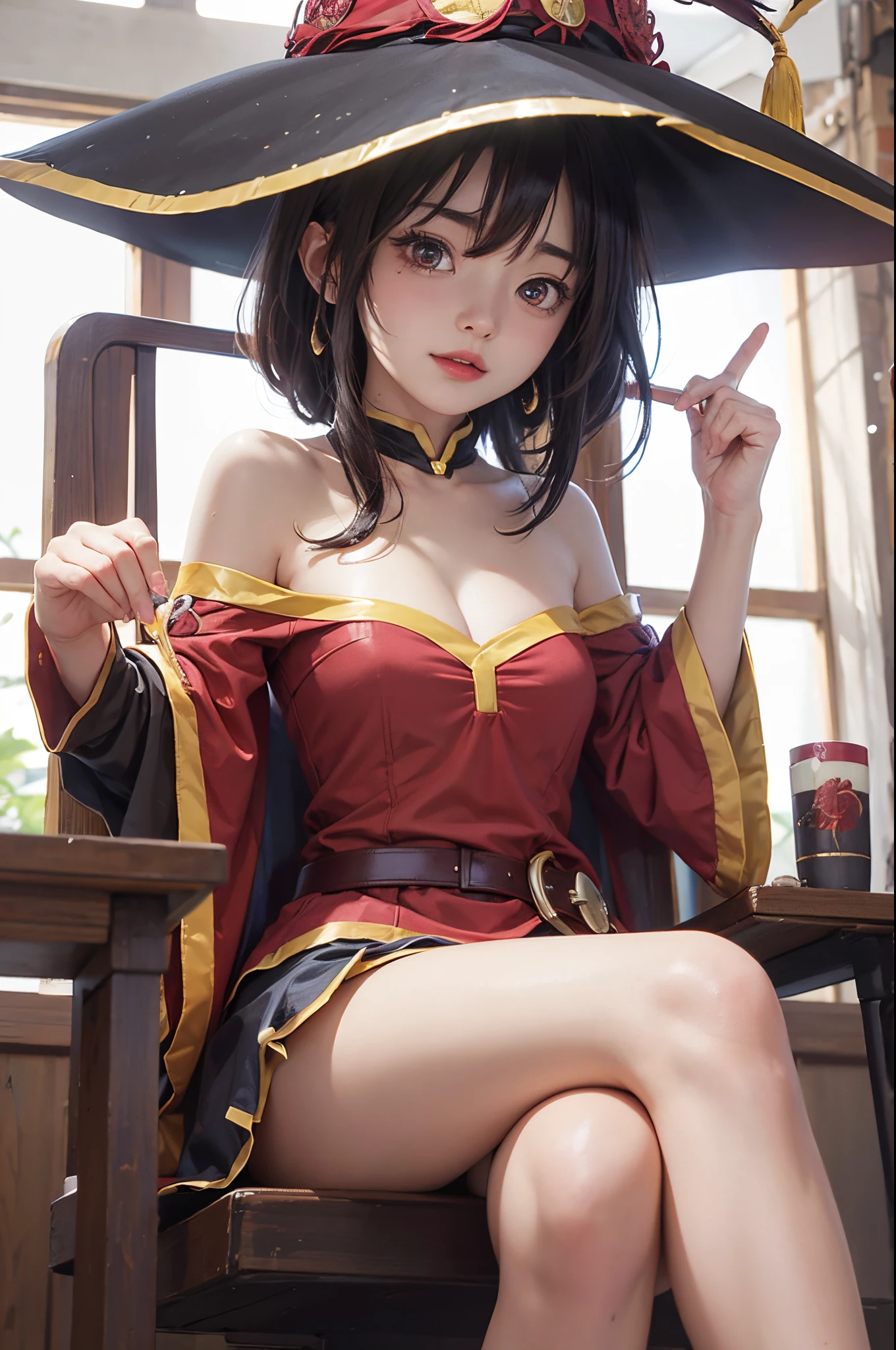 ((Megumin, kono subarashii sekai ni shukufuku wo!)),(8k、RAW Photos、Highest quality、masterpiece:1.2)、((short hair、Black panties、Red costume))、(Realistic、Realistic)、1 girl、Megumin、Small breasts、classroom、I sat on a chair、Front view、(open your legs to the sides:1.6)、Lots of eyelashes、Add shine to your eyelids、skeletally correct、Showing panties、Spread your legs out to the side、Panty shot、sexy、(Panties close up:1.0)、Skirt Lift、Roll up your skirt、(M-shaped feet:1.5))、Nipples are visible、Showing nipples