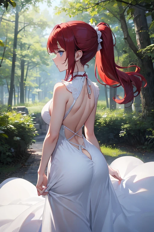 top-quality、ultra-detailliert、Blue eyes、big tits、Red-haired、1 female、(((long dress)))、white long dress、pony tail hairstyle、The background is the forest、Shyness、(((Rear view, slightly under)))