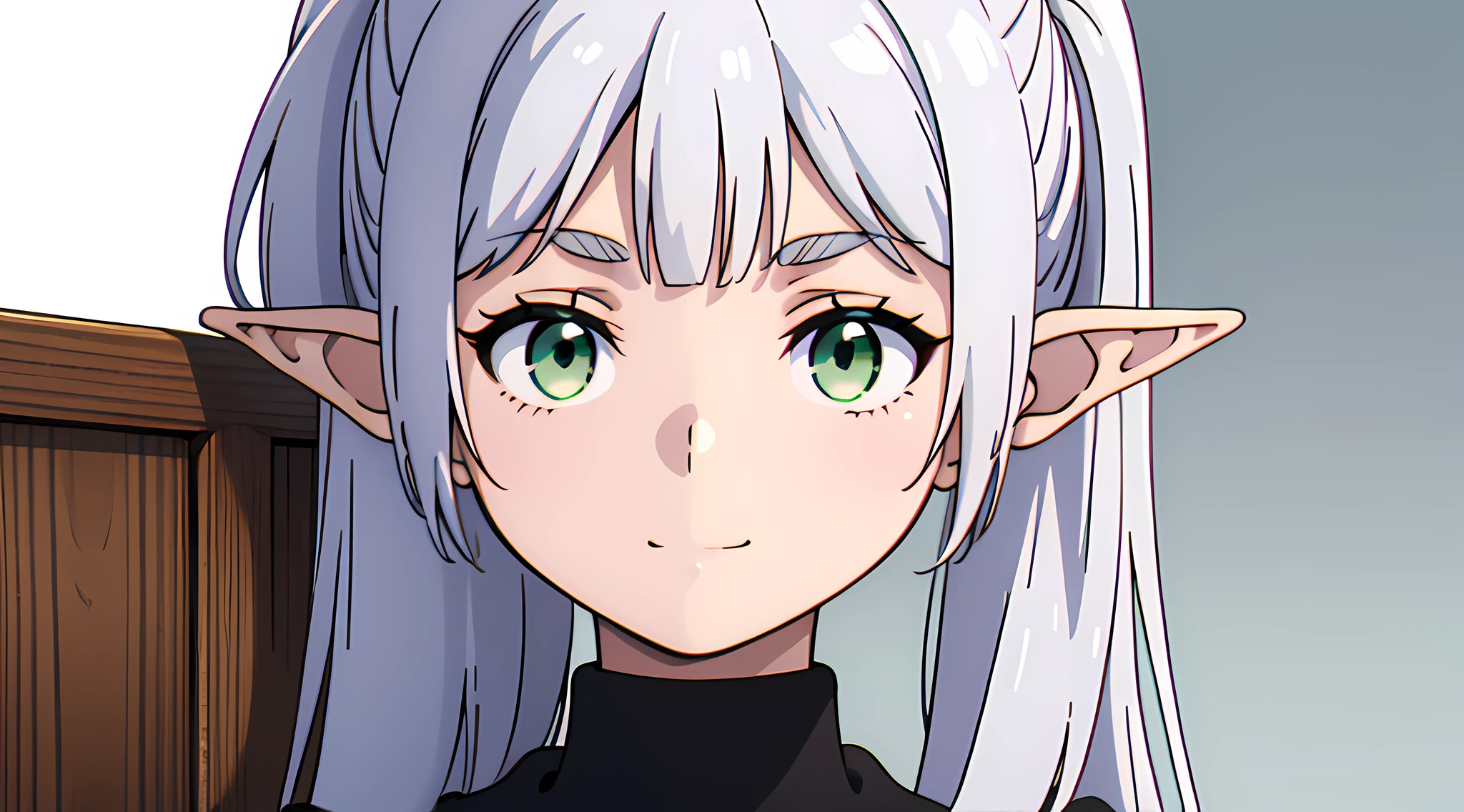 masterpiece, illustration, best quality, 8k, 1girl, solo, frieren, long hair, ponytail, (green eyes:1.2), grey hair, pointy ears, elf, serious, neutral, inexpressive, little smile, closed mouth, turtleneck dress, long sleeves, (black dress), monocolor dress, standing, looking at viewer, arms behind back, ((close-up, subject in a corner, white background, upper body, transparent background))