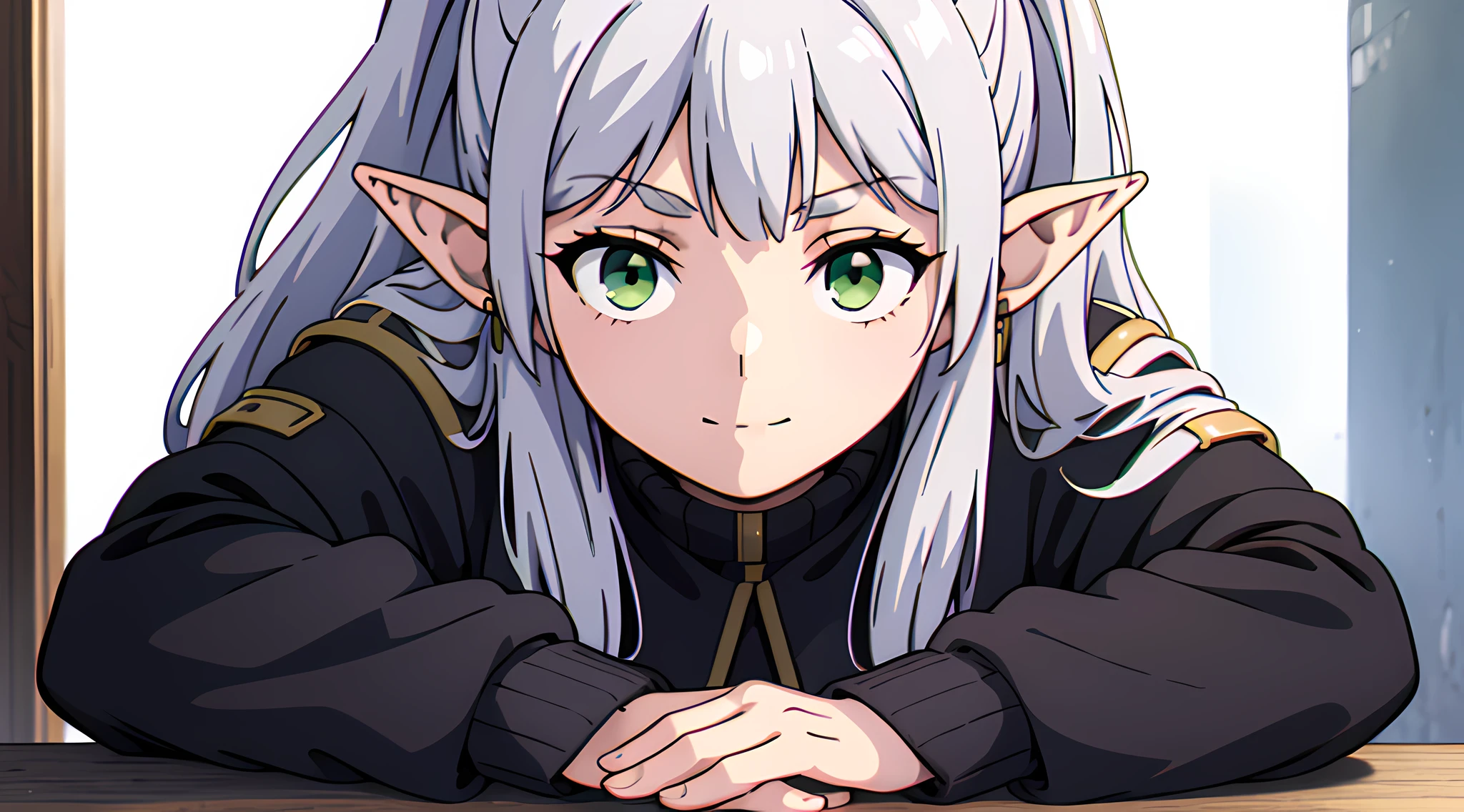 masterpiece, illustration, best quality, 8k, 1girl, solo, frieren, long hair, ponytail, (green eyes:1.2), grey hair, pointy ears, elf, serious, neutral, inexpressive, little smile, closed mouth, turtleneck dress, long sleeves, (black dress), monocolor dress, standing, looking at viewer, ((scenary)), arms behind back, ((close-up, subject in a corner, white background, upper body, transparent background))