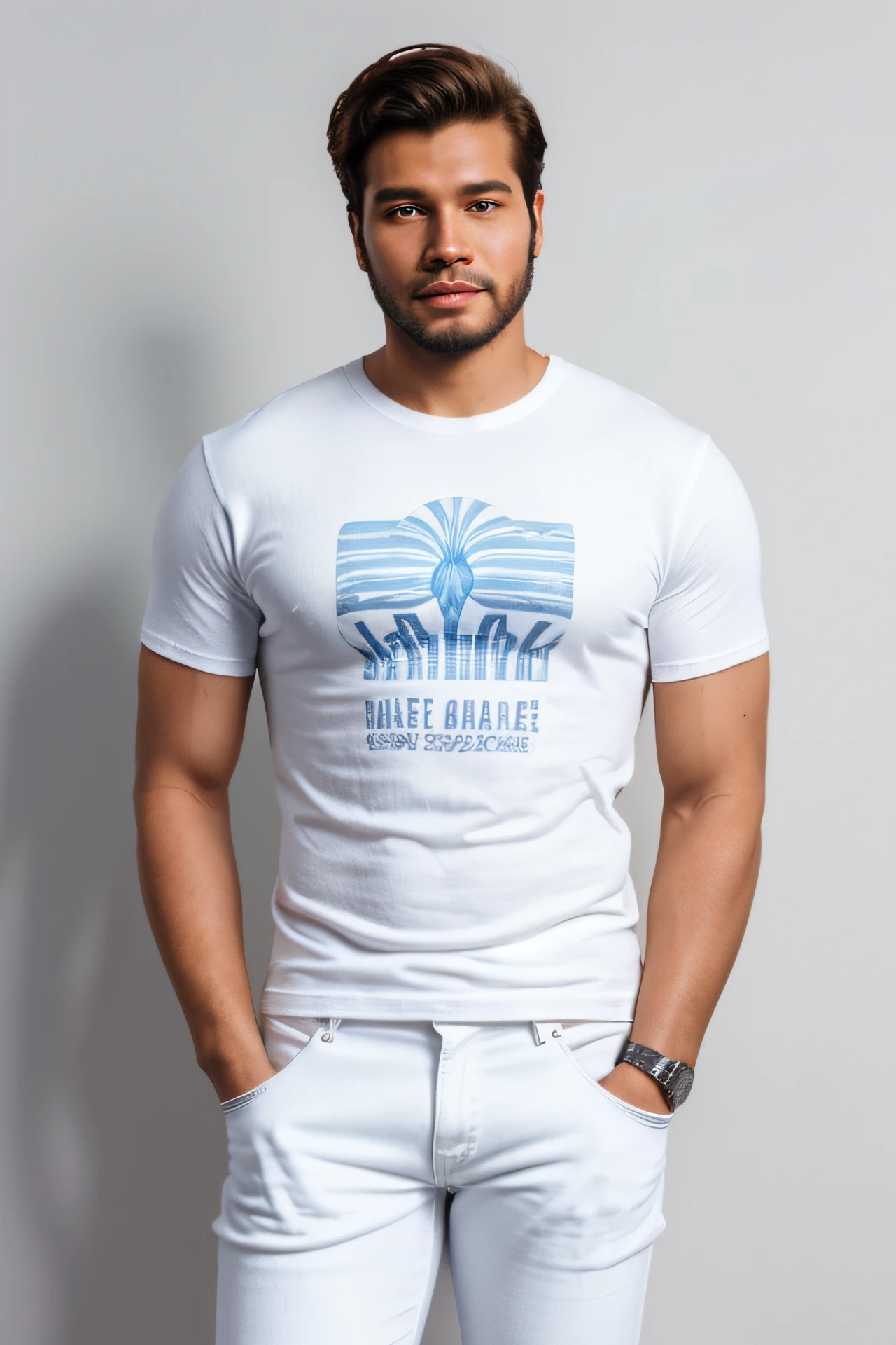 Homem branco de frente, super-realista, pele clara, cabelo loiro longo, meio comprimento, vestindo uma camiseta branca longa sem desenho, vestindo jeans, fundo completamente branco estilo png, homem bonito, altamente realista