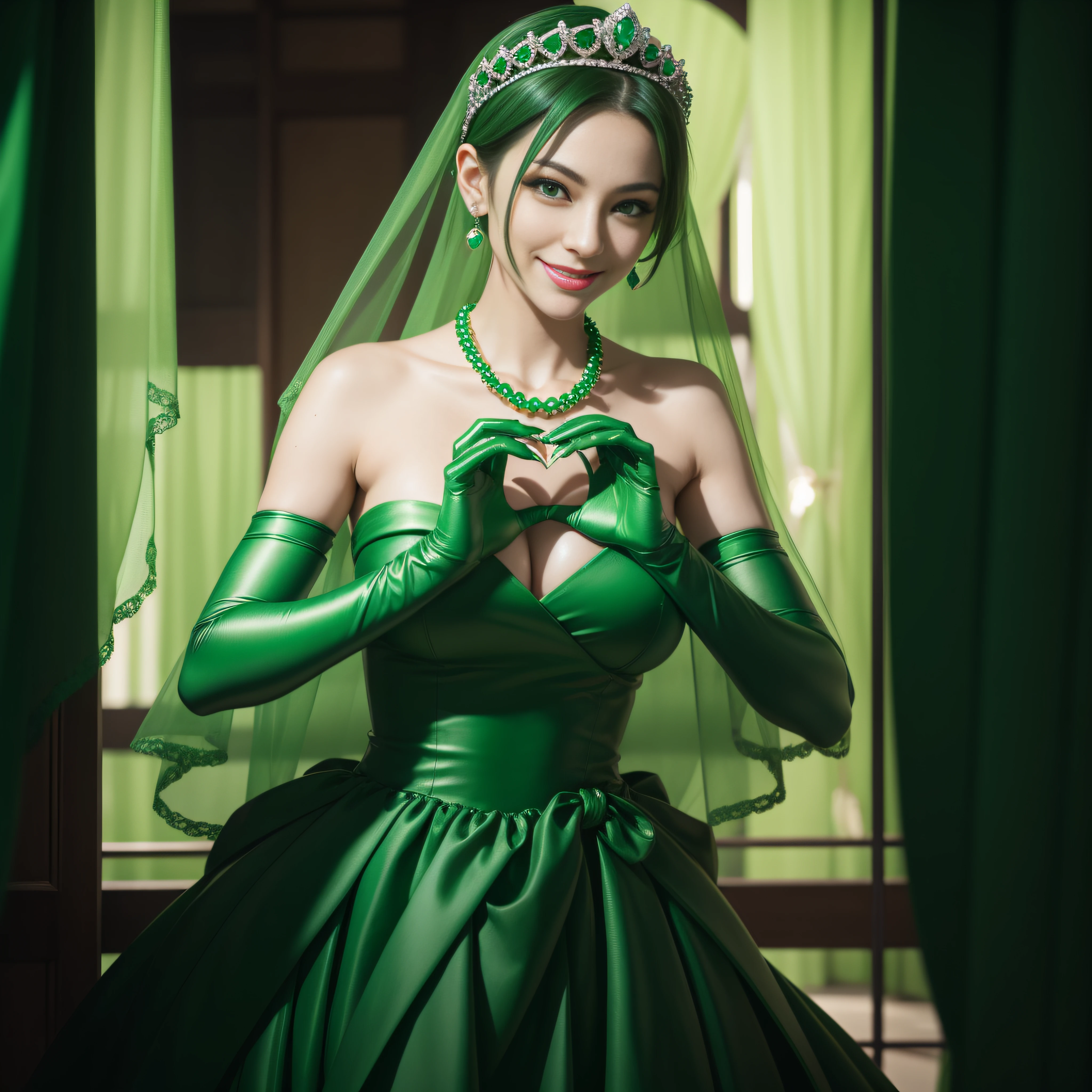 emerald tiara, Green Pearl Necklace, Boyish very short green hair, lipsticks, Japan woman smiling, very short short hair,  big breasts beautiful, Green eyes, Long green gloves made of satin material, Green eyes, Emerald Earrings, green vale, Heart with both hands