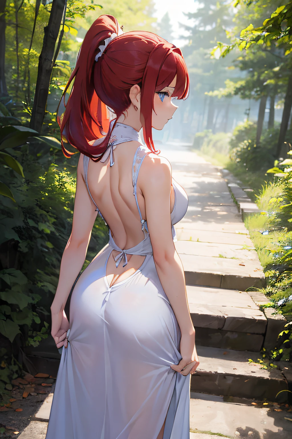 top-quality、ultra-detailliert、Blue eyes、big tits、Red-haired、1 female、(((long dress)))、white long dress、pony tail hairstyle、The background is the forest、Shyness、(((Rear view, slightly under)))