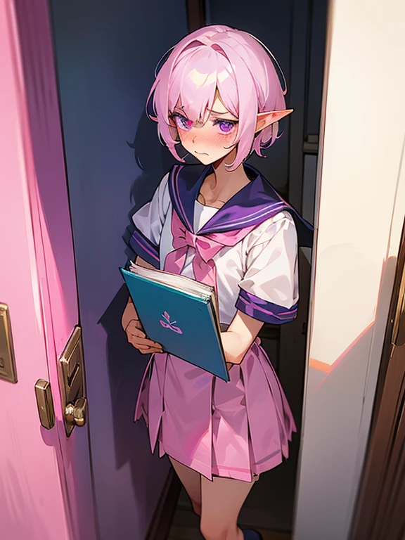 male elf, short white hair, fit, ((stuck in a pink girls sailor school uniform)), crossdressing, in school hallway, holding books, embarrassed, blushing, bow in hair, purple eyes