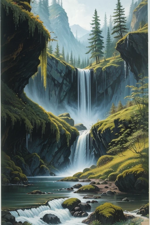 A hidden, mossy grotto with sparkling waterfalls and vibrant flowers, chinese painting style