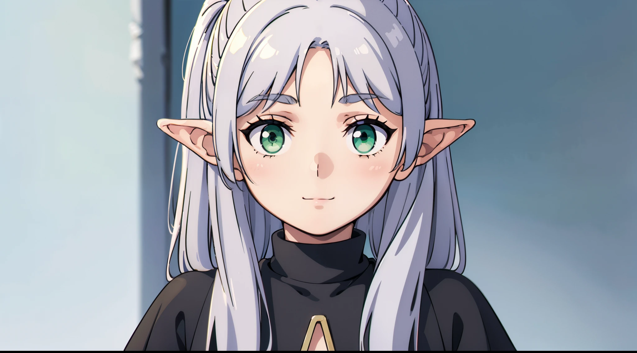 masterpiece, illustration, best quality, 8k, 1girl, solo, frieren, long hair, ponytail, (green eyes:1.2), grey hair, pointy ears, elf, serious, neutral, inexpressive, little smile, closed mouth, turtleneck dress, long sleeves, (black dress), monocolor dress, standing, looking at viewer, ((scenary)), arms behind back, ((close-up, subject in a corner, white background, upper body, transparent background))