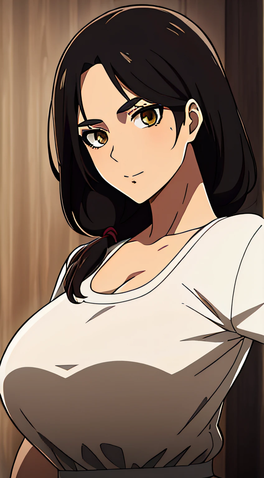 Camisa amarilla,escote, 鎖骨, mangas largas,Delantal blanco, cabello negro, brown eyes, flequillo, single braid, 1 girl in, 20yo,Mujer joven,hermoso cuerpo,Hermosa nariz,Beautiful character design, ojos perfectos, Cara perfecta,ojos expresivos, Mirando al espectador,(superior_cuerpo),(primer plano),(Focus on her face), Arte Oficial, face, breasts, big breasts, armpits