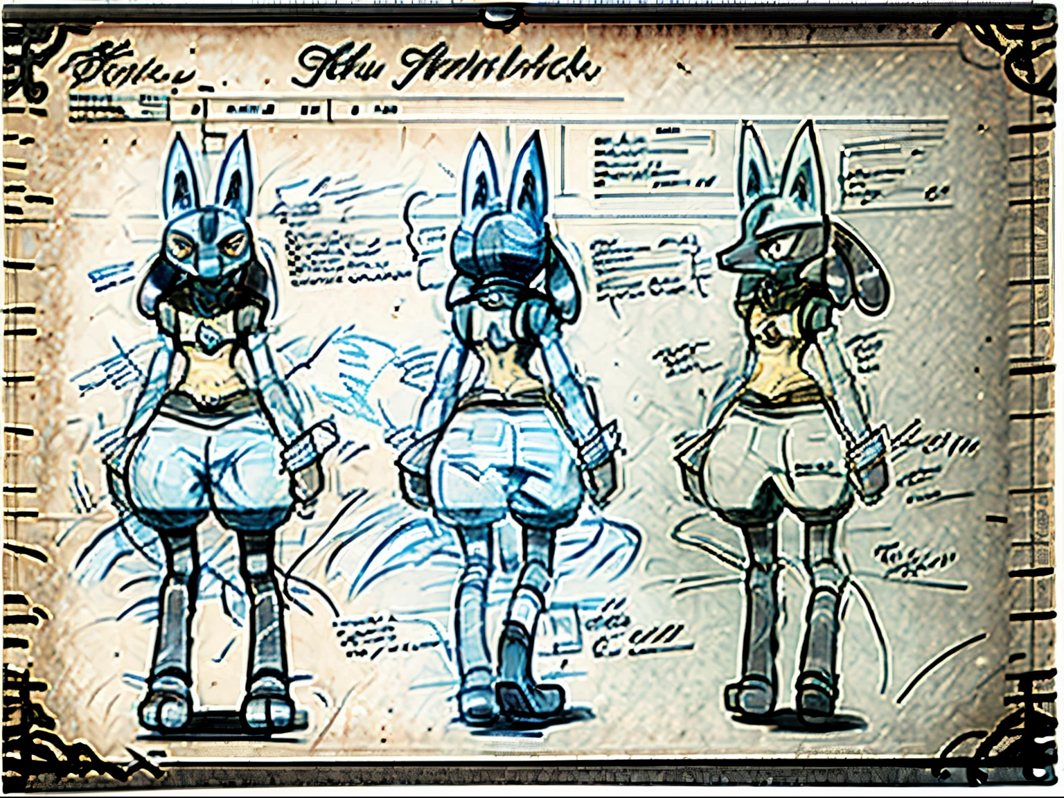 On old sketch of Lucario showing a single full body sketch, close up sketch of his face in the corner, colorless sketch on old paper, sketches, drawn like an old manuscript, faded sketch, worn page edges
