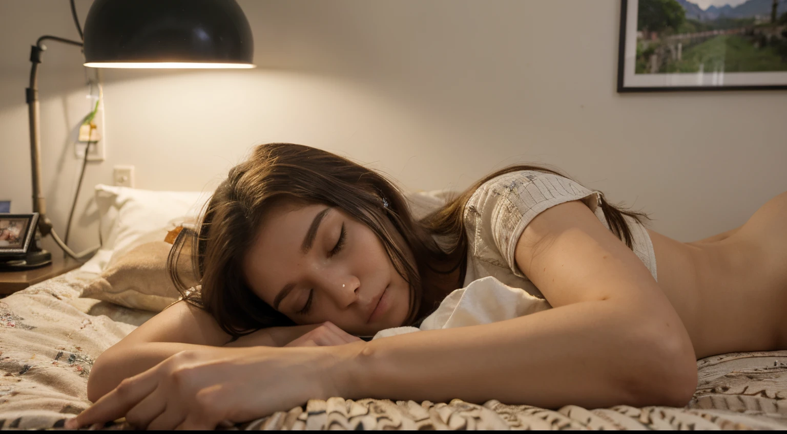 melhor qualidade,Realistic: garota 18 anos, com olhos fechados de sono dormindo, dormindo na cama, no quarto, pingos de chuva na janela do quarto, de noite chovendo fora do quarto.