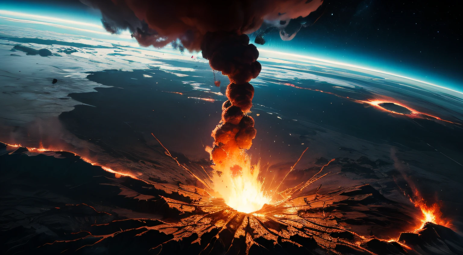 Erstellen Sie ein Bild, das zeigt, as the earth breaks into pieces, with large chunks of blood, die in die Umlaufbahn schweben. The atmosphere should be dark and threatening, mit feuerrotem Wasser, that flows from the fissured earth and swirls into space. The fragments of the planet should be surrounded by debris, creating a feeling of chaos and destruction. The overall mood of the image was intended to convey a sense of apocalyptic devastation and the fragility of our world