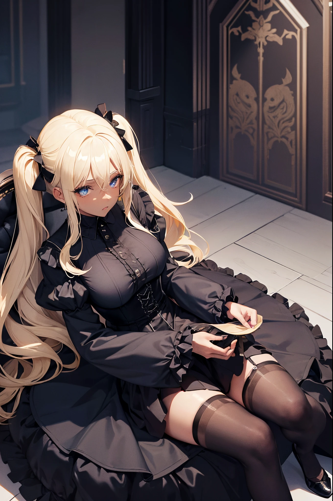 Female, twintails Blonde hair, Blue eyes, dark brown skin, large breasts, wearing a black goth lolita outfit with a castle's interior as the background