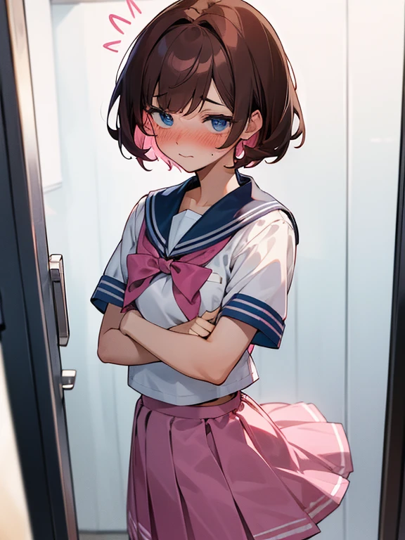 Human male, wearing a pink female sailor school uniform, trapped in a all girl bording school, short brown hair, blue eyes, holding skirt, embarrassed, blushing