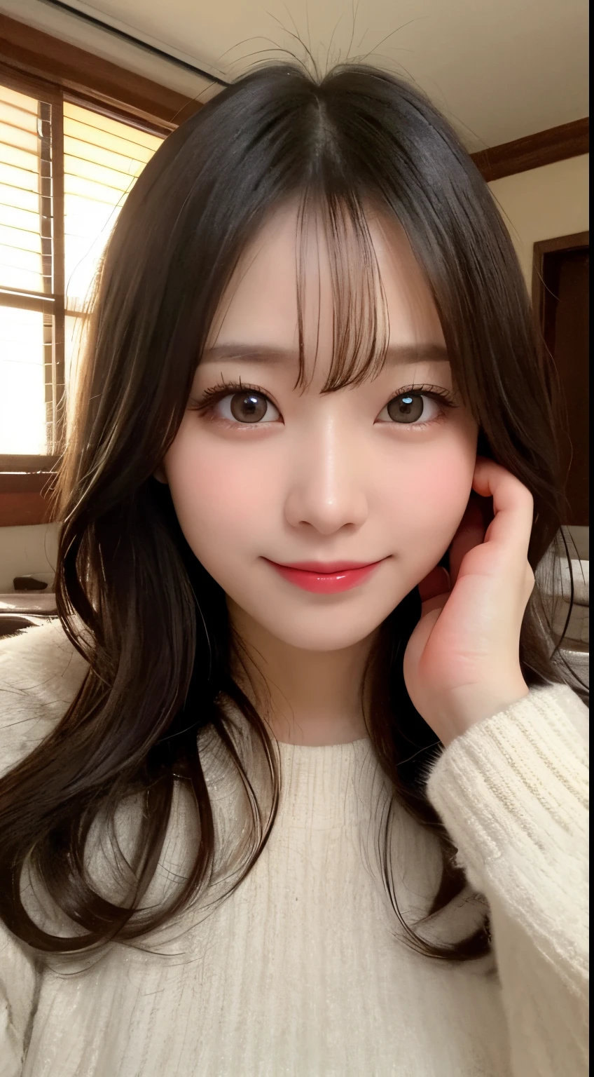 masutepiece, Best Quality, Illustration, Ultra-detailed, finely detail, hight resolution, 8K Wallpaper, Perfect dynamic composition, Beautiful detailed eyes, fluffy winter clothes,Medium Hair,small tits,Natural Color Lip, Bold sexy poses,Smile,mansion(a room,Bet)、20 years girl、Cute、Sexy shot looking at camera,perfect and beautiful face and fingers,take a photo close to the face,Blur the background