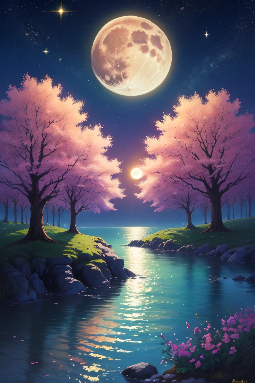 a moon, in pastel colours, on the moon there trees in pastel colours