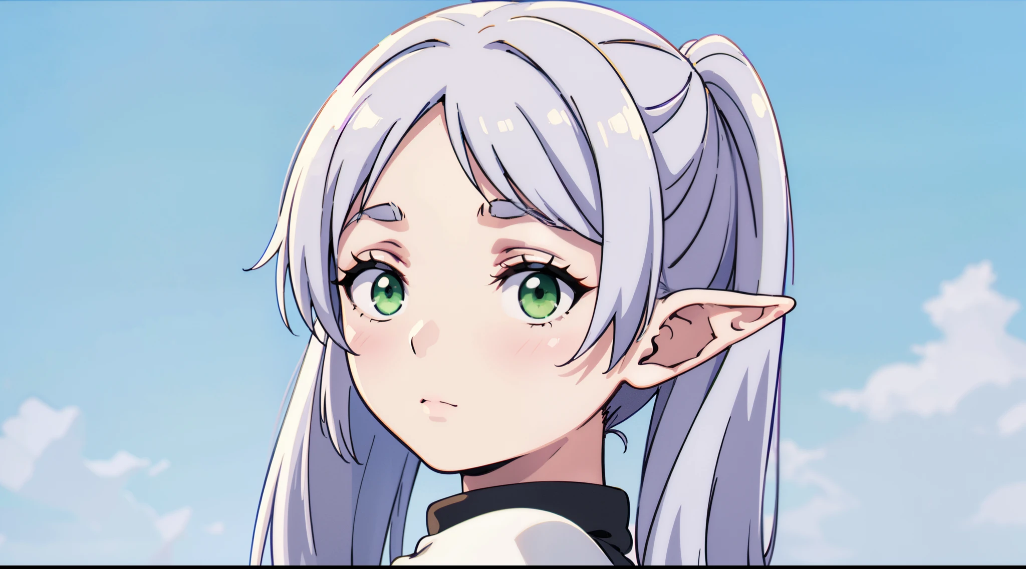 masterpiece, illustration, best quality, 8k, 1girl, solo, frieren, long hair, twintails, (green eyes:1.2), grey hair, pointy ears, elf, serious, neutral, inexpressive, serious, closed mouth, turtleneck dress, long sleeves, (black dress), monocolor dress, standing, looking at viewer, (from side shot), ((scenary)), arms behind back, ((close-up)), upper body, ((white background, transparent background)), cowboy shot