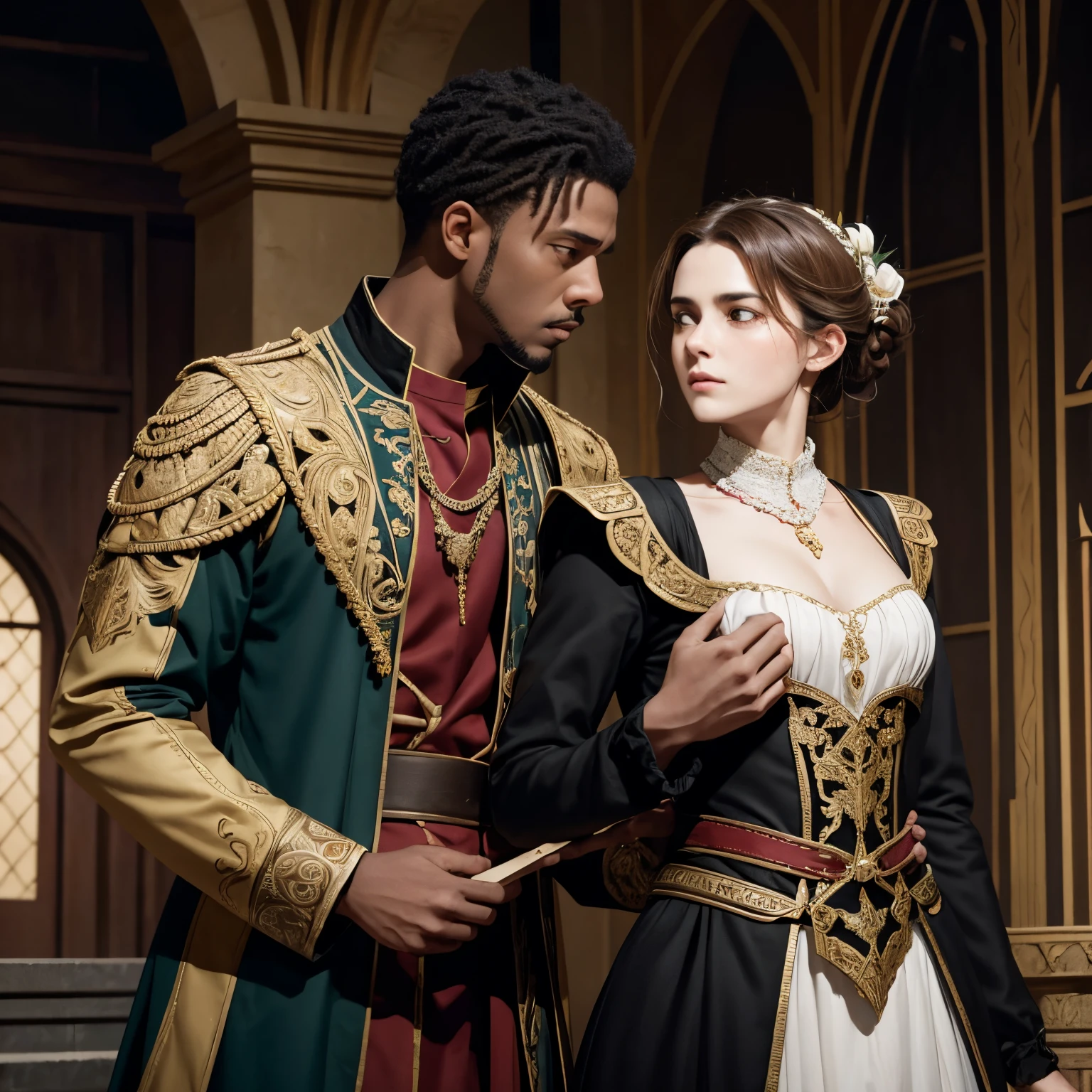 Create a piece of visual art that depicts the gender lens in Act 2 of “Othello” by Shakespeare. Please demonstrate the power dynamic between the men and women in act 2 of othello.