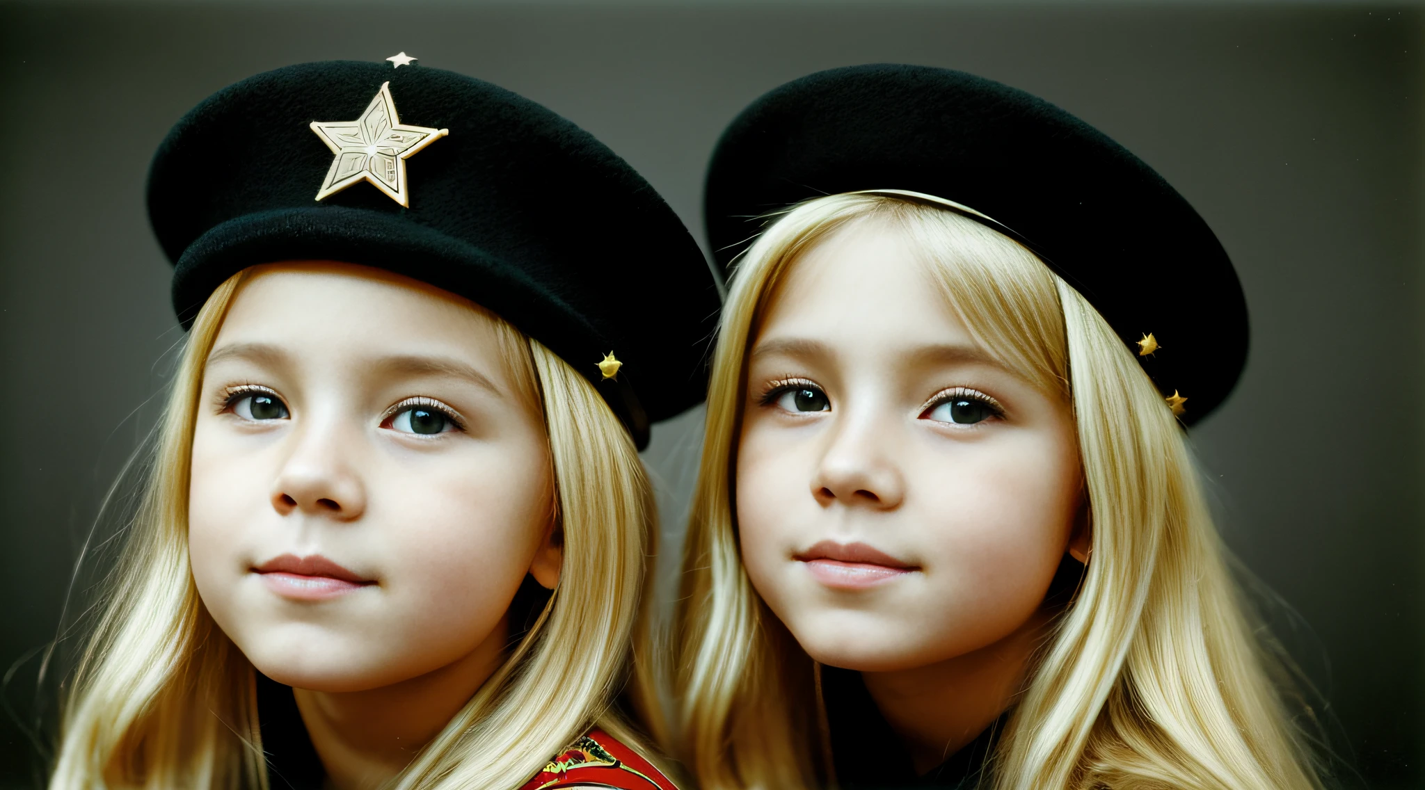 a close-up of a blonde child with long hair and a black hat with a star, URSS, boina preta com uma estrela vermelha, russo, Russia, kalap, Eslavo, boina preta, 1972 soviético, CCCP, plush