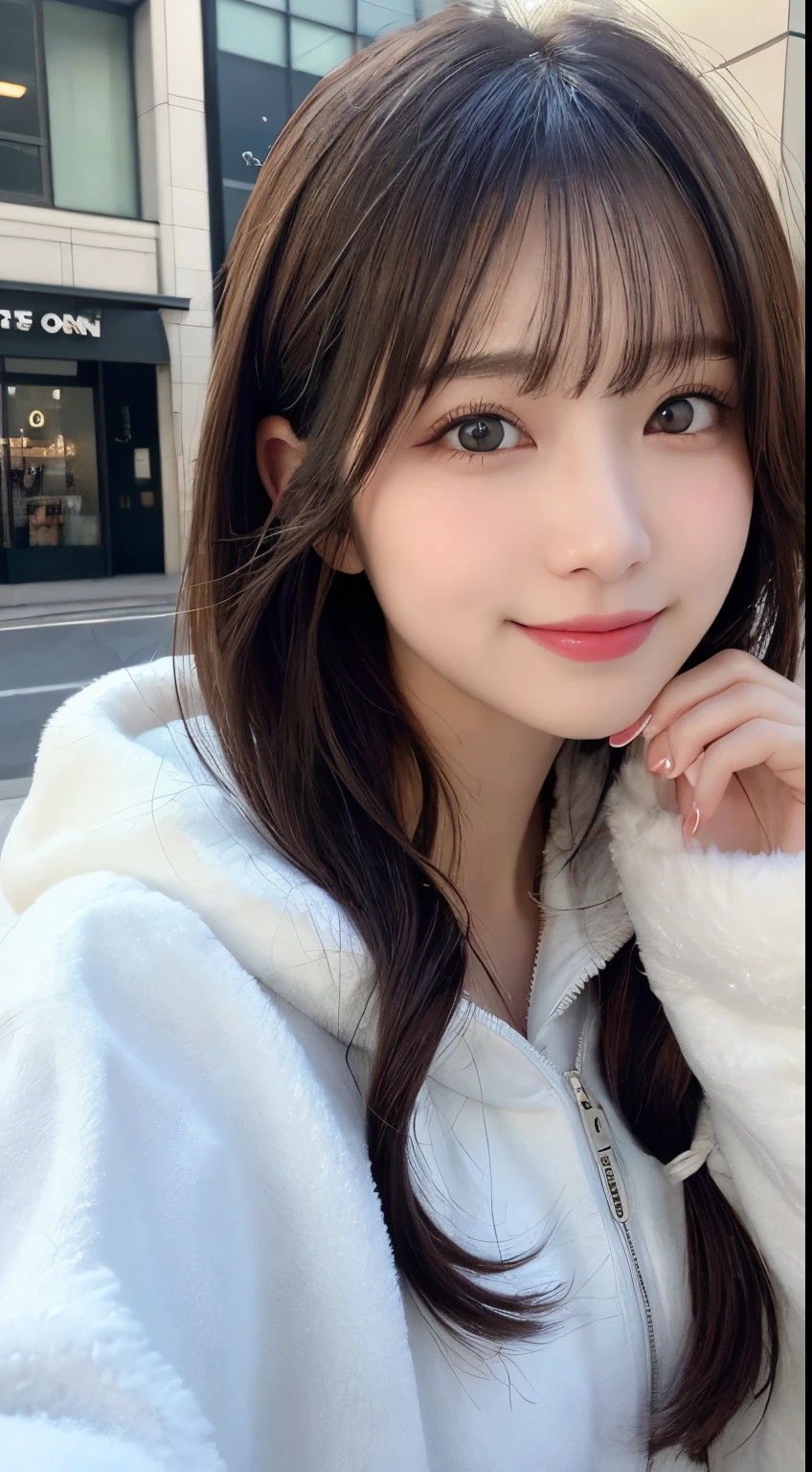 masutepiece, Best Quality, Illustration, Ultra-detailed, finely detail, hight resolution, 8K Wallpaper, Perfect dynamic composition, Beautiful detailed eyes, Women's fashion fluffy winter clothes,Bob Hair,mid-chest, Natural Color Lip, Bold sexy poses,Smile,Harajuku、20 years girl、Cute、Sexy shot looking at camera,Raw photo,perfect and beautiful face and fingers