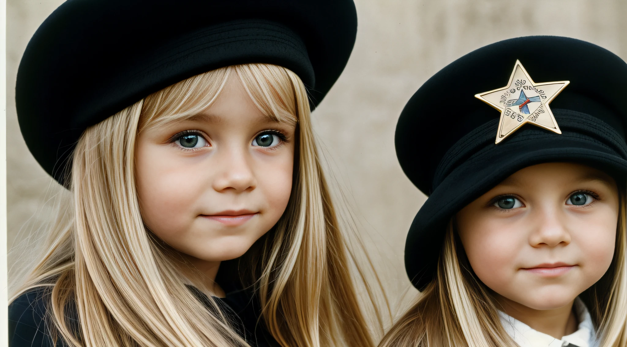 a close-up of a blonde  with long hair and a black hat with a star, URSS, boina preta com uma estrela vermelha, russo, Russia, kalap, Eslavo, boina preta, 1972 soviético, CCCP, plush