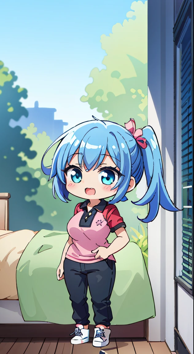 (masutepiece, Best Quality, Perfect Anatomy, High quality:1.4), nice hand, Perfect hands, Detailed beautiful hands, Large_filesize, fulcolor, hight resolution, symmetric, exceptional, Best aesthetic, newest, Anime, very beautiful detailed body、The hair、faces、The eye, (Chibi, Full body:1.6),
BREAK,
1 beautiful girl, 1 person,Solo,(Cute:1.5),(Chibi:0.6),(kawaii:1.5),(Lori:0.5),( years olirl),Very detailed,colourfull,highest details,Clear skin,Beautiful skin,Shy,Very detailed,colourfull,highest details,Clear skin,Beautiful skin,Shy skin,1 beautiful girl,{Heterochromia,Yellow eyes:1.9},star eye silhouette, BREAK,(pale blue hair, Medium length:1.4),(Side Ponytail,A little curly hair,Single-sided twisted blade,Princess Cut:1.3),(cleavage of the breast,Large breasts,Beautiful , gleaming skin,Clear skin, Beautiful skin,(best quality face),(Top quality glowing eyes), (The best smile,Doya face:1.45), BREAK (Pink Theme:1.4),
((caregiver theme:1.4)), (Black chinos:1.4), (red polo shirt:1.4),(Black sneakers:1.35),
BREAK,(morning), inside in room,Gothic bedroom, a canopy bed,huge window,naked girl poster,coke,on back, tusk, Open mouth, Looking away,depth of fields,
BREAK,wakame,wakame,wakame,(Cowboy Shot:1.4),
BREAK,(Blurry background:1.3),(absurderes, hight resolution, Super Detail Art),cel shading,Clear Color, Lonely optical effect, Beautiful pictures, Bright glow, mystic atmosphere,(Close-up of girl:1.1), Mystical light particle effect,manga influence, clean line drawings,