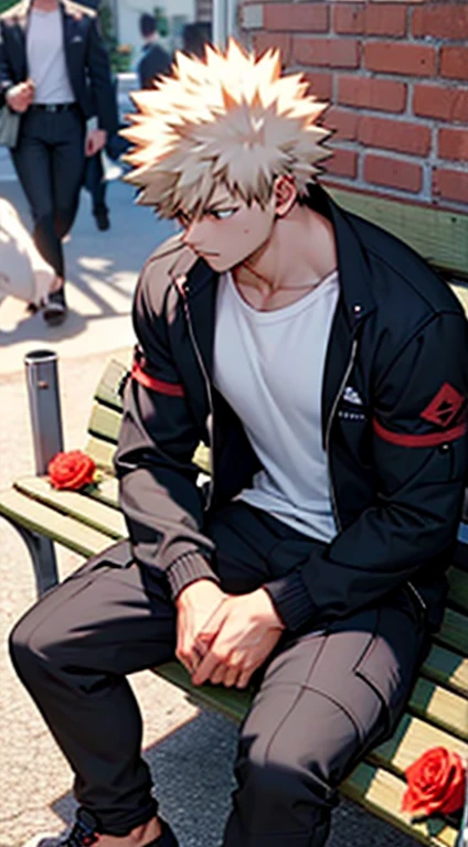 Muscular bakugou katsuki sitting on a public bench holding a bunch of roses, waiting for someone, in white t-shirt, black jacket and cargo pants