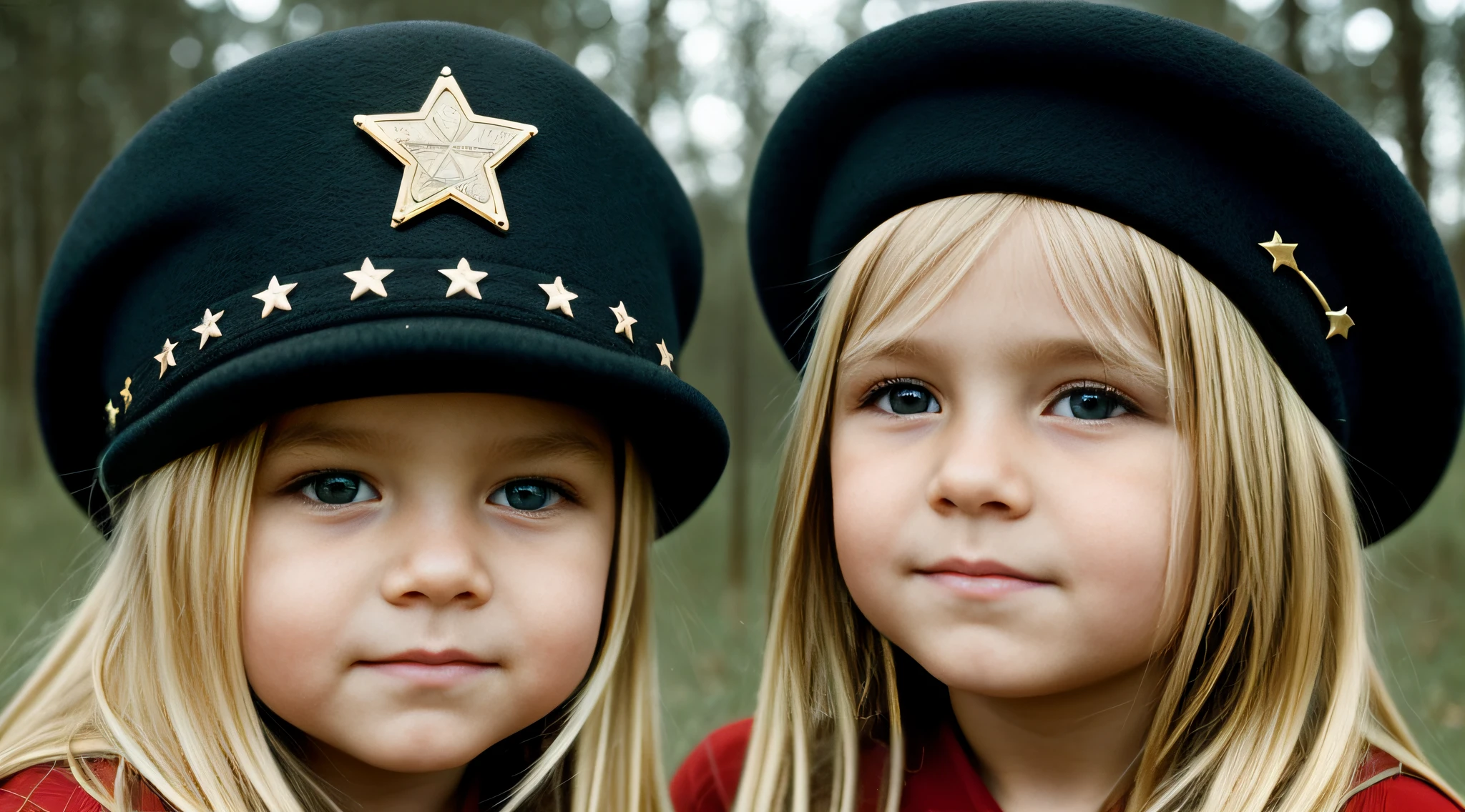a close-up of a blonde child with long hair and a black hat with a star, URSS, boina preta com uma estrela vermelha, russo, Russia, kalap, Eslavo, boina preta, 1972 soviético, CCCP, plush