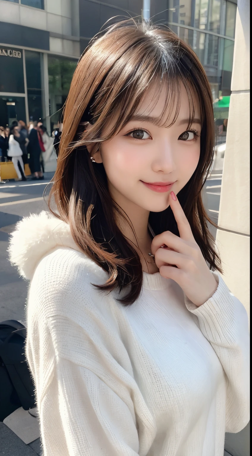 masutepiece, Best Quality, Illustration, Ultra-detailed, finely detail, hight resolution, 8K Wallpaper, Perfect dynamic composition, Beautiful detailed eyes, Women&#39;s fashion fluffy winter clothes,Bob Hair,mid-chest, Natural Color Lip, Bold sexy poses,Smile,Harajuku、20 years girl、Cute、Sexy shot looking at camera,Raw photo,perfect and beautiful face and fingers