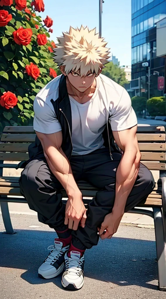 Muscular bakugou katsuki sitting on a public bench holding a bunch of roses, waiting for someone, in white t-shirt, black jacket and cargo pants