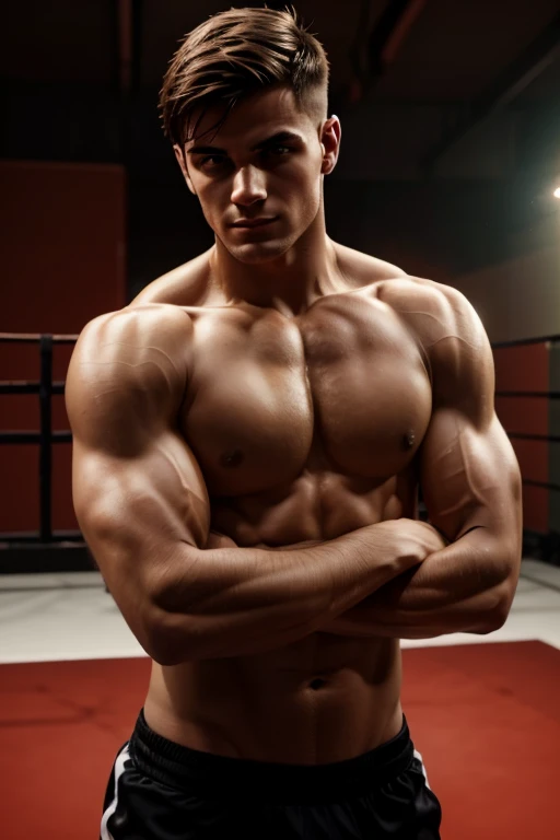 young man, italian, short faded hair, muscular, professional boxer, looking at the camera, cinematic lighting, red background character by Charlie bowater