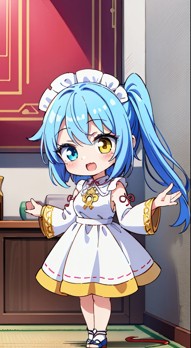 (masutepiece, Best Quality, Perfect Anatomy, High quality:1.4), nice hand, Perfect hands, Detailed beautiful hands, Large_filesize, fulcolor, hight resolution, symmetric, exceptional, Best aesthetic, newest, Anime, very beautiful detailed body、The hair、faces、The eye, (Chibi, Full body:1.6),
BREAK,
1 beautiful girl, 1 person,Solo,(Cute:1.5),(Chibi:0.6),(kawaii:1.5),(Lori:0.5),(17 years old girl),Very detailed,colourfull,highest details,Clear skin,Beautiful skin,Shy,Very detailed,colourfull,highest details,Clear skin,Beautiful skin,Shy skin,1 beautiful girl,{Heterochromia,Yellow eyes:1.9},star eye silhouette, BREAK,(pale blue hair, Medium length:1.4),(Side Ponytail,A little curly hair,Single-sided twisted blade,Princess Cut:1.3),(cleavage of the breast,Large breasts,Beautiful , gleaming skin,Clear skin, Beautiful skin,(best quality face),(Top quality glowing eyes), (The best smile,Doya face:1.45), BREAK (Pink Theme:1.4), (Gold thread embroidery at hem:1.6)
((caregiver theme:1.4)), Collar, Ruffled, Catsuits, Cuffs,(Frilled Blouse Romantic:1.4),,(white maid outfit:1.3),(Gold thread embroidery at hem:0.6),(Medieval Gothic style:1.2),(crossed strings:1.4),(long Skirt:1.4),Long Sleeve BREAK,(morning), inside in room,Gothic bedroom, a canopy bed,huge window,naked girl poster,coke,on back, tusk, Open mouth, Looking away,depth of fields,
BREAK,wakame,wakame,wakame,(Cowboy Shot:1.4),
BREAK,(Blurry background:1.3),(absurderes, hight resolution, Super Detail Art),cel shading,Clear Color, Lonely optical effect, Beautiful pictures, Bright glow, mystic atmosphere,(Close-up of girl:1.1), Mystical light particle effect,manga influence, clean line drawings,