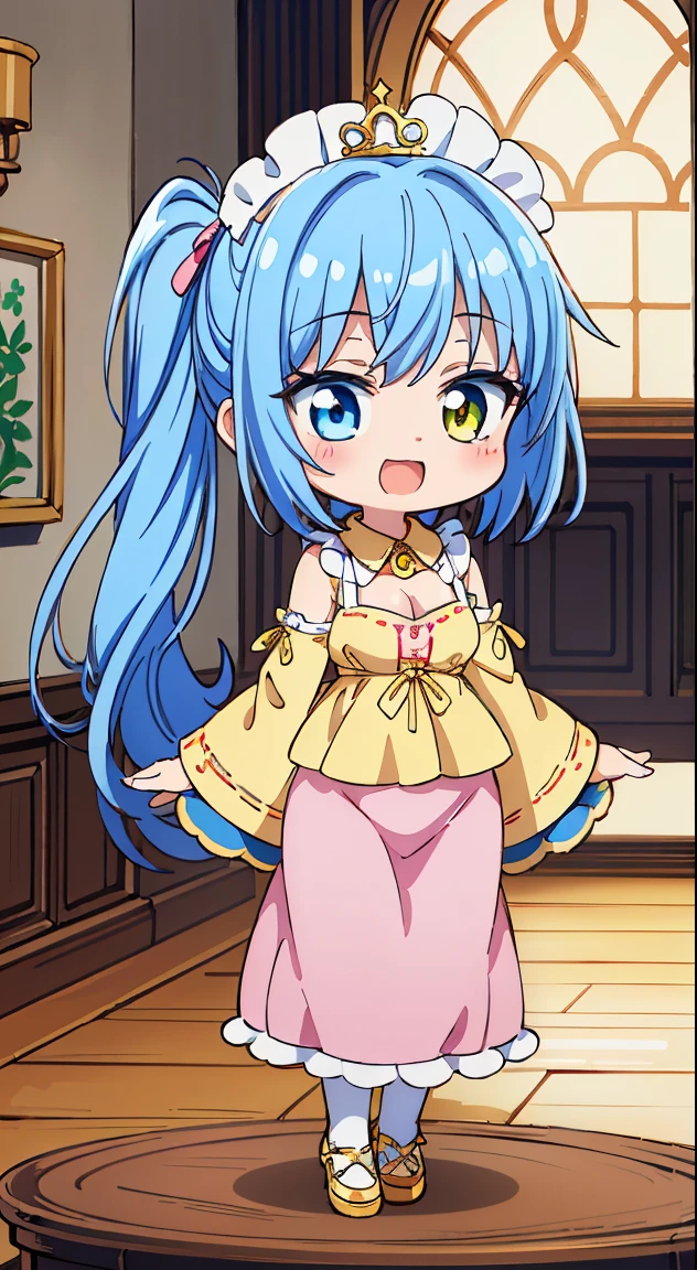 (masutepiece, Best Quality, Perfect Anatomy, High quality:1.4), nice hand, Perfect hands, Detailed beautiful hands, Large_filesize, fulcolor, hight resolution, symmetric, exceptional, Best aesthetic, newest, Anime, very beautiful detailed body、The hair、faces、The eye, (Chibi, Full body:1.6),
BREAK,
1 beautiful girl, 1 person,Solo,(Cute:1.5),(Chibi:0.6),(kawaii:1.5),(Lori:0.5),( years olirl),Very detailed,colourfull,highest details,Clear skin,Beautiful skin,Shy,Very detailed,colourfull,highest details,Clear skin,Beautiful skin,Shy skin,1 beautiful girl,{Heterochromia,Yellow eyes:1.9},star eye silhouette, BREAK,(pale blue hair, Medium length:1.4),(Side Ponytail,A little curly hair,Single-sided twisted blade,Princess Cut:1.3),(cleavage of the breast,Large breasts,Beautiful , gleaming skin,Clear skin, Beautiful skin,(best quality face),(Top quality glowing eyes), (The best smile,Doya face:1.45), BREAK (Pink Theme:1.4), (Gold thread embroidery at hem:1.6)
((caregiver theme:1.4)), Collar, Ruffled, Catsuits, Cuffs,(Frilled Blouse Romantic:1.4),,(white maid outfit:1.3),(Gold thread embroidery at hem:0.6),(Medieval Gothic style:1.2),(crossed strings:1.4),(long Skirt:1.4),Long Sleeve BREAK,(morning), inside in room,Gothic bedroom, a canopy bed,huge window,naked girl poster,coke,on back, tusk, Open mouth, Looking away,depth of fields,
BREAK,wakame,wakame,wakame,(Cowboy Shot:1.4),
BREAK,(Blurry background:1.3),(absurderes, hight resolution, Super Detail Art),cel shading,Clear Color, Lonely optical effect, Beautiful pictures, Bright glow, mystic atmosphere,(Close-up of girl:1.1), Mystical light particle effect,manga influence, clean line drawings,