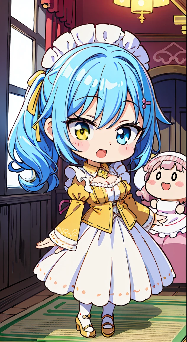 (masutepiece, Best Quality, Perfect Anatomy, High quality:1.4), nice hand, Perfect hands, Detailed beautiful hands, Large_filesize, fulcolor, hight resolution, symmetric, exceptional, Best aesthetic, newest, Anime, very beautiful detailed body、The hair、faces、The eye, (Chibi, Full body:1.6),
BREAK,
1 beautiful girl, 1 person,Solo,(Cute:1.5),(Chibi:0.6),(kawaii:1.5),(Lori:0.5),( years olirl),Very detailed,colourfull,highest details,Clear skin,Beautiful skin,Shy,Very detailed,colourfull,highest details,Clear skin,Beautiful skin,Shy skin,1 beautiful girl,{Heterochromia,Yellow eyes:1.9},star eye silhouette, BREAK,(pale blue hair, Medium length:1.4),(Side Ponytail,A little curly hair,Single-sided twisted blade,Princess Cut:1.3),(cleavage of the breast,Large breasts,Beautiful , gleaming skin,Clear skin, Beautiful skin,(best quality face),(Top quality glowing eyes), (The best smile,Doya face:1.45), BREAK (Pink Theme:1.4), (Gold thread embroidery at hem:1.6)
((caregiver theme:1.4)), Collar, Ruffled, Catsuits, Cuffs,(Frilled Blouse Romantic:1.4),,(white maid outfit:1.3),(Gold thread embroidery at hem:0.6),(Medieval Gothic style:1.2),(crossed strings:1.4),(long Skirt:1.4),Long Sleeve BREAK,(morning), inside in room,Gothic bedroom, a canopy bed,huge window,naked girl poster,coke,on back, tusk, Open mouth, Looking away,depth of fields,
BREAK,wakame,wakame,wakame,(Cowboy Shot:1.4),
BREAK,(Blurry background:1.3),(absurderes, hight resolution, Super Detail Art),cel shading,Clear Color, Lonely optical effect, Beautiful pictures, Bright glow, mystic atmosphere,(Close-up of girl:1.1), Mystical light particle effect,manga influence, clean line drawings,